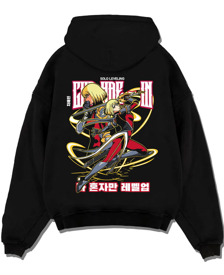 Black pullover hoodie laid flat with Cha Hae In Solo Leveling Hoodie Hunter Anime Jumper graphic premium wear.