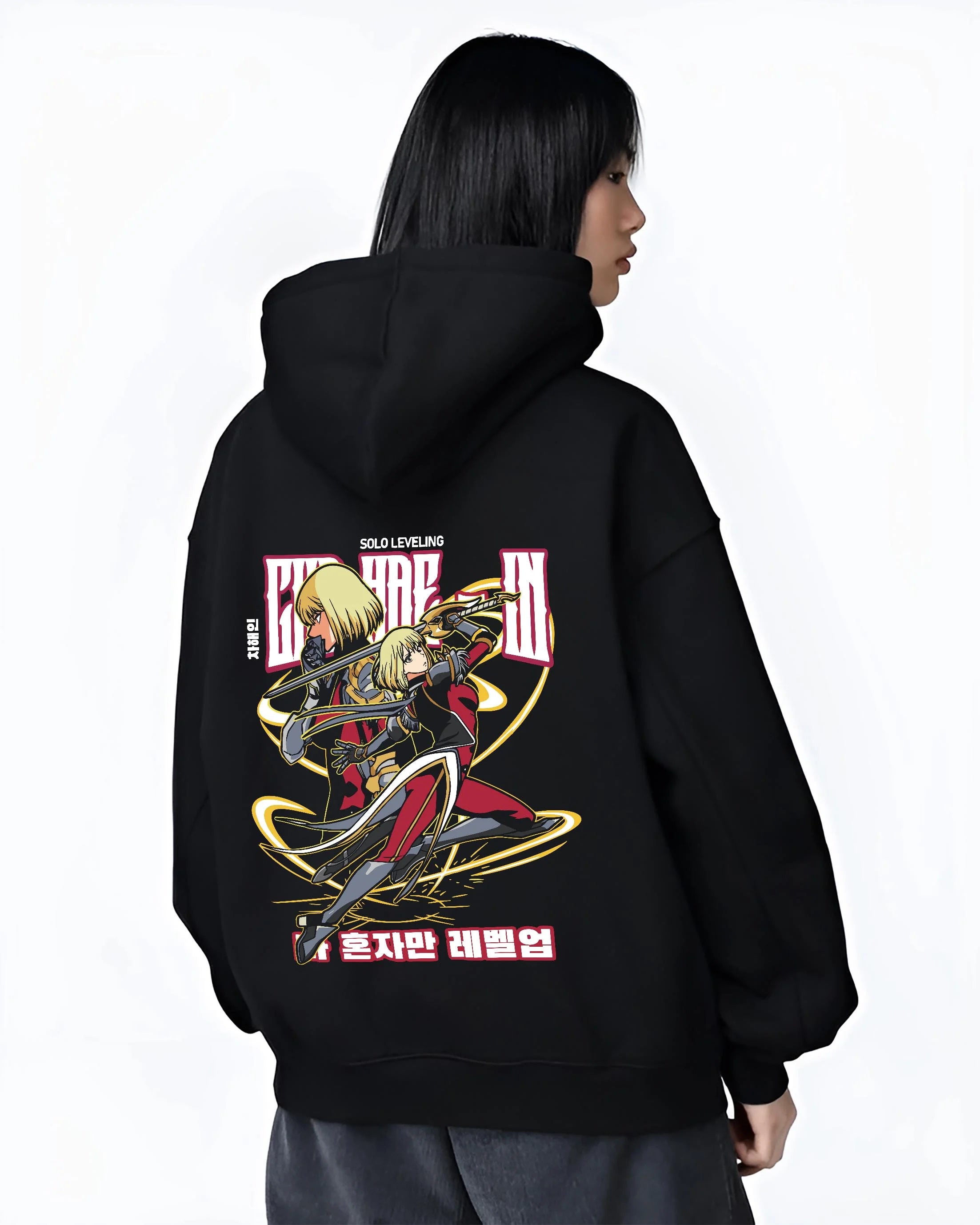 Black hoodie worn by female model, back view with Cha Hae In Solo Leveling Hoodie Hunter Anime Jumper graphic bold anime graphic.