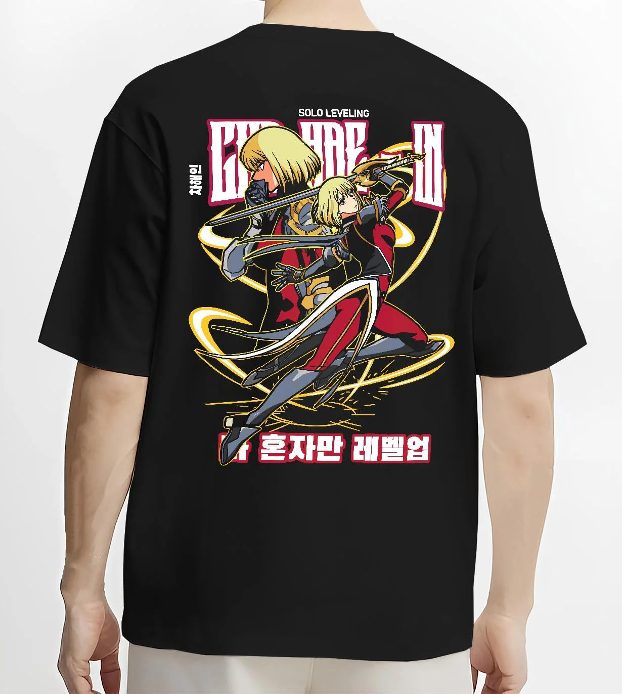 Black T-shirt worn by male model, back view with Cha Hae In Solo Leveling Hoodie Hunter Anime Jumper graphic streetwear graphic.