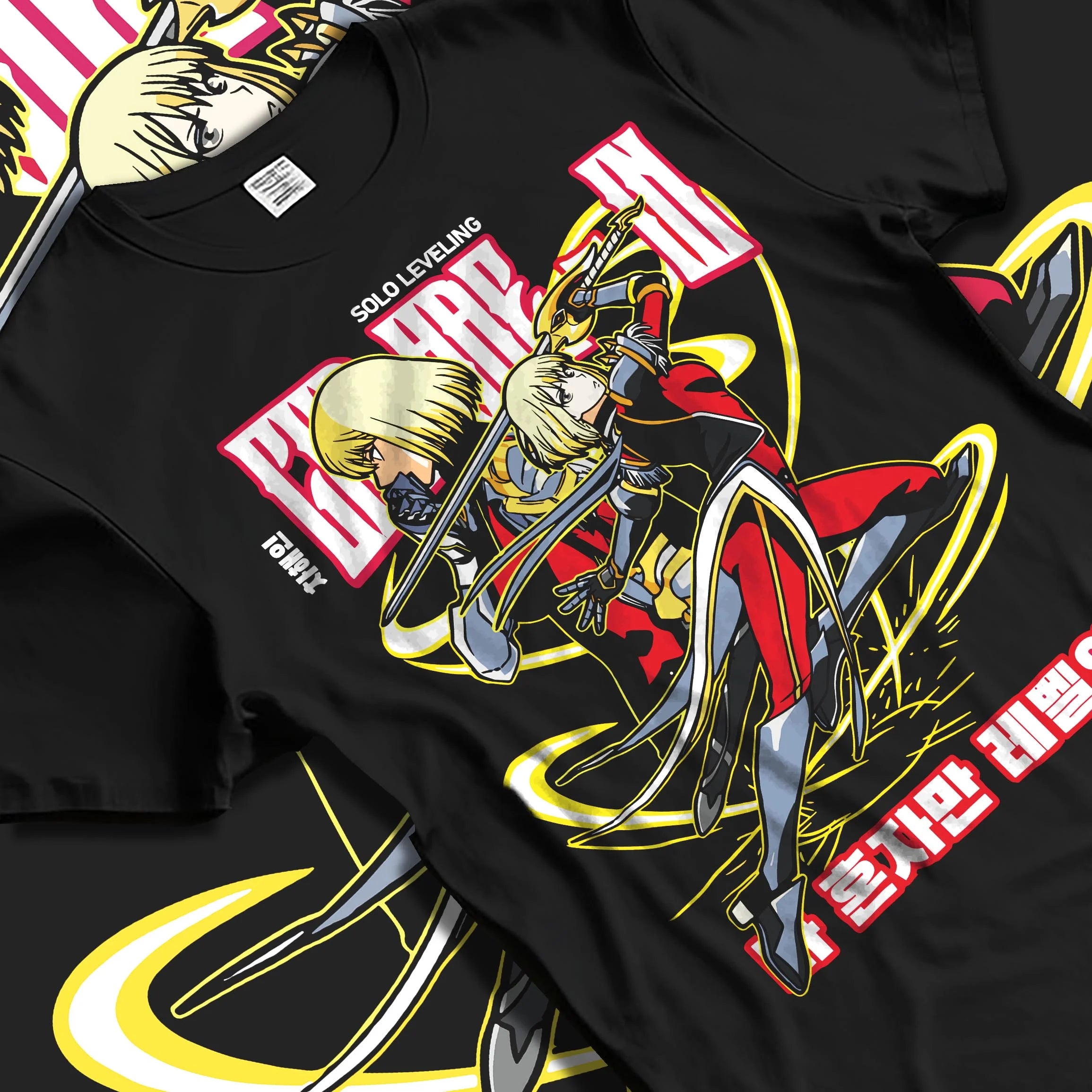 Black T-shirt laid flat with natural folds with Cha Hae In Solo Leveling Hoodie Hunter Anime Jumper graphic bold anime graphic.