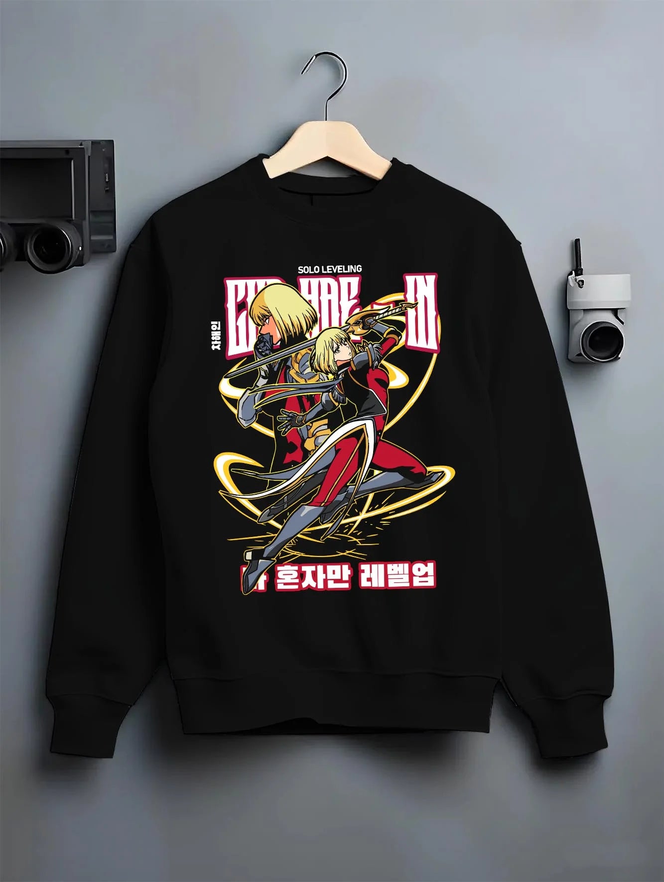 Black crewneck sweatshirt on hanger with Cha Hae In Solo Leveling Hoodie Hunter Anime Jumper graphic premium wear.