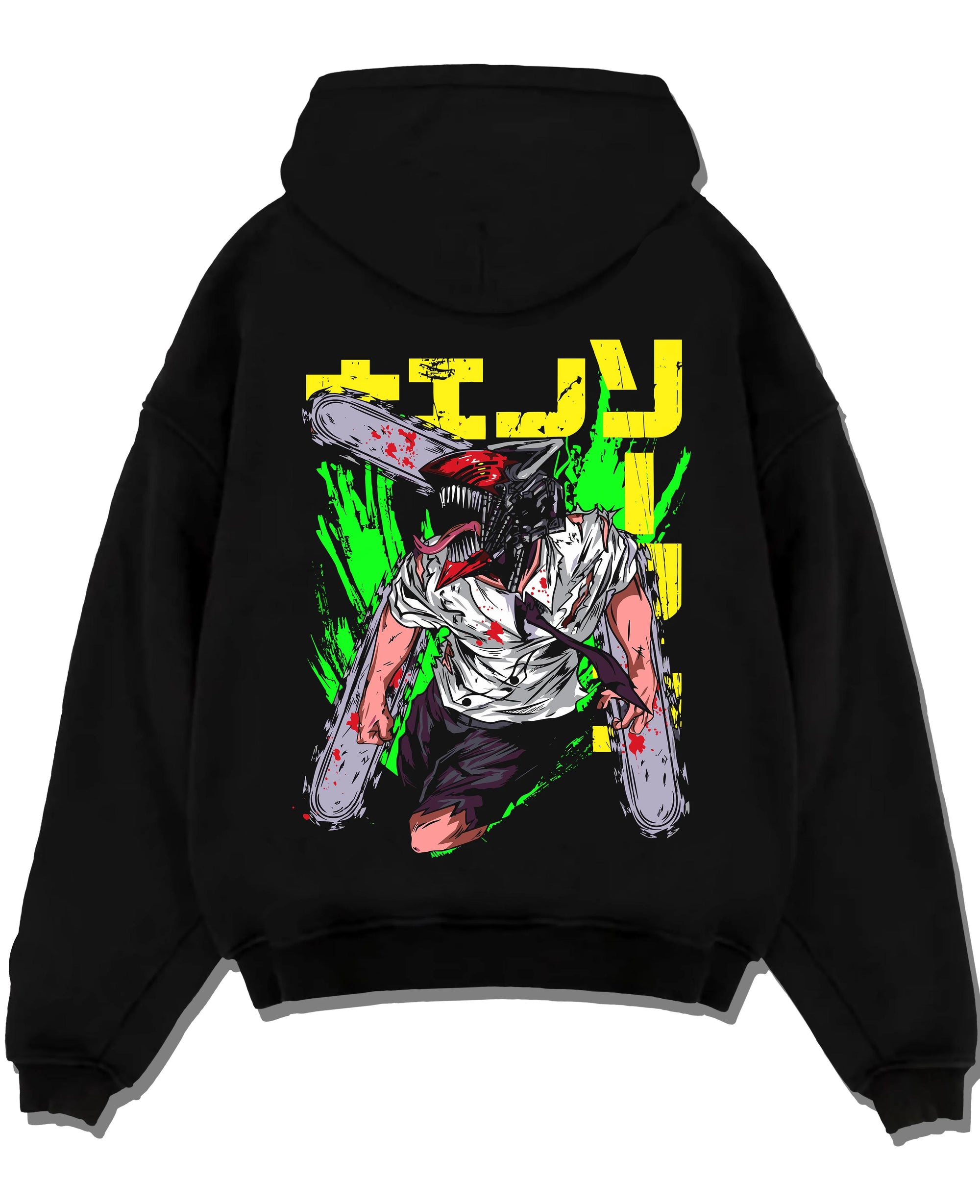 Black pullover hoodie laid flat with Chainsaw Man Hoodie Denji Devil Hunter Green Slash graphic bold anime graphic.