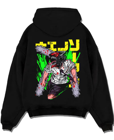 Black pullover hoodie laid flat with Chainsaw Man Hoodie Denji Devil Hunter Green Slash graphic bold anime graphic.