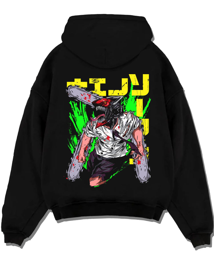 Black pullover hoodie laid flat with Chainsaw Man Hoodie Denji Devil Hunter Green Slash graphic bold anime graphic.