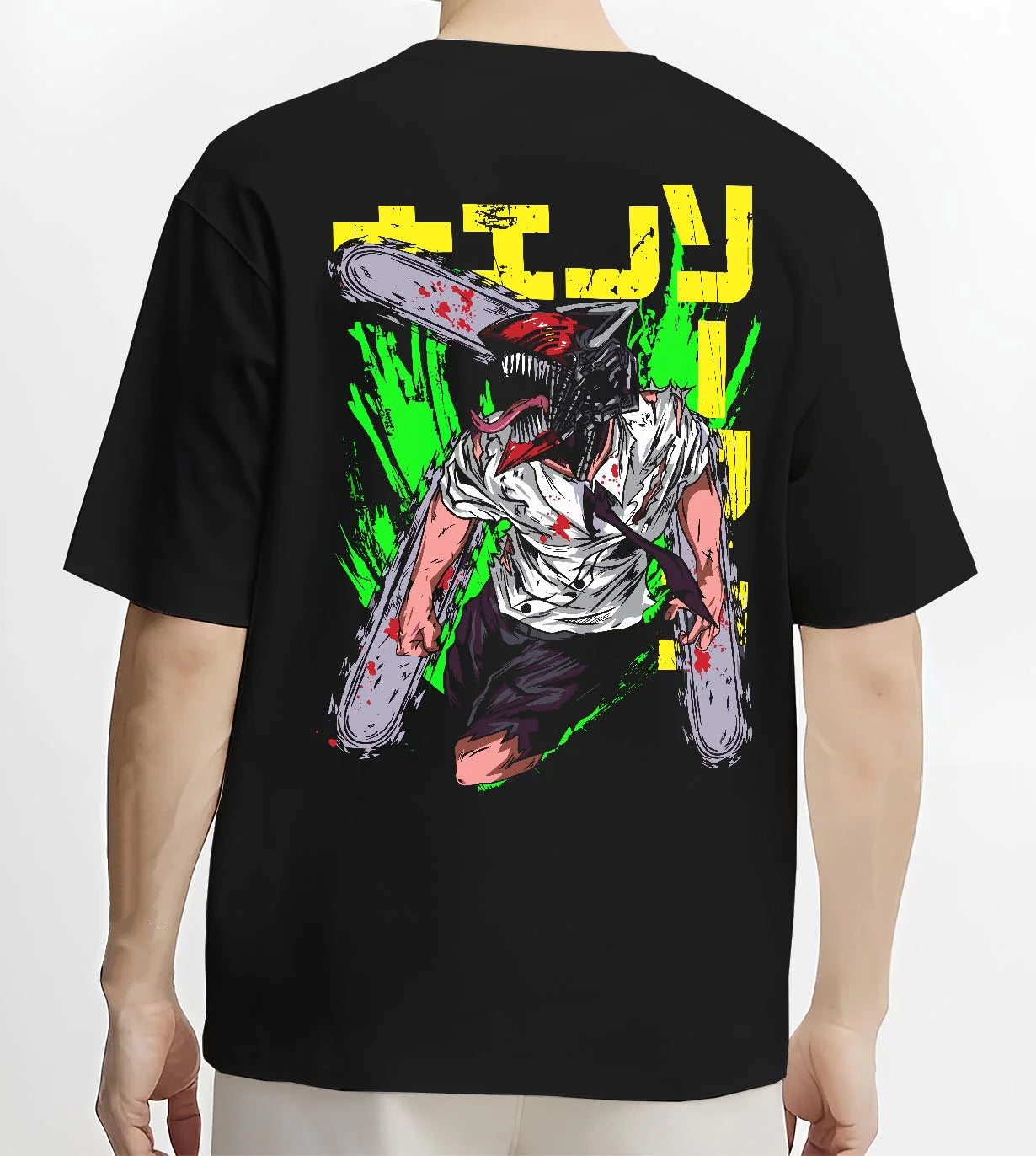 Black T-shirt worn by male model, back view with Chainsaw Man Hoodie Denji Devil Hunter Green Slash graphic Denji anime design.