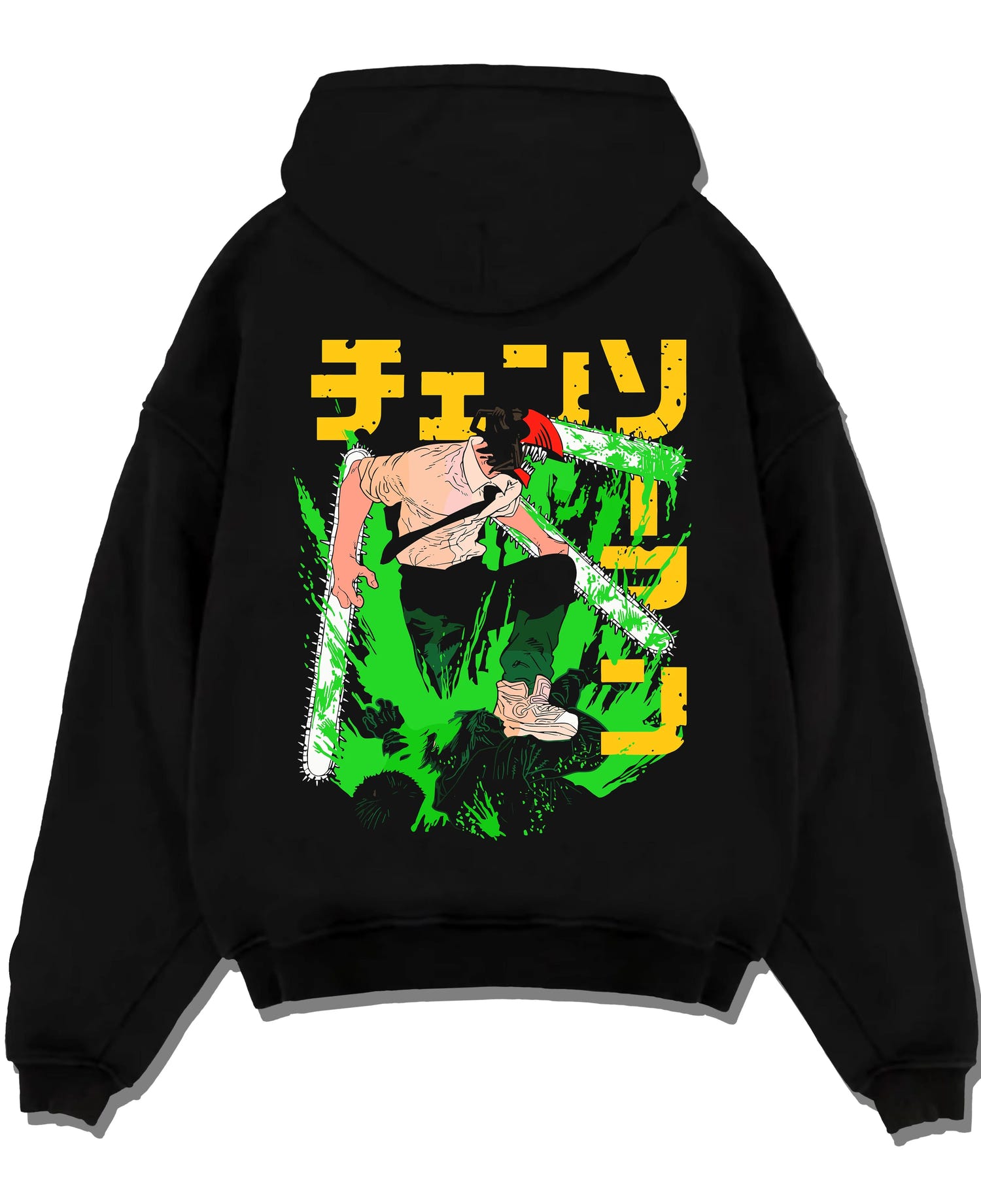 Black pullover hoodie laid flat with Denji Chainsaw Man Hoodie Devil Hunter Fierce Strike graphic Denji anime design.