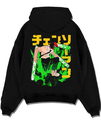 Black pullover hoodie laid flat with Denji Chainsaw Man Hoodie Devil Hunter Fierce Strike graphic Denji anime design.