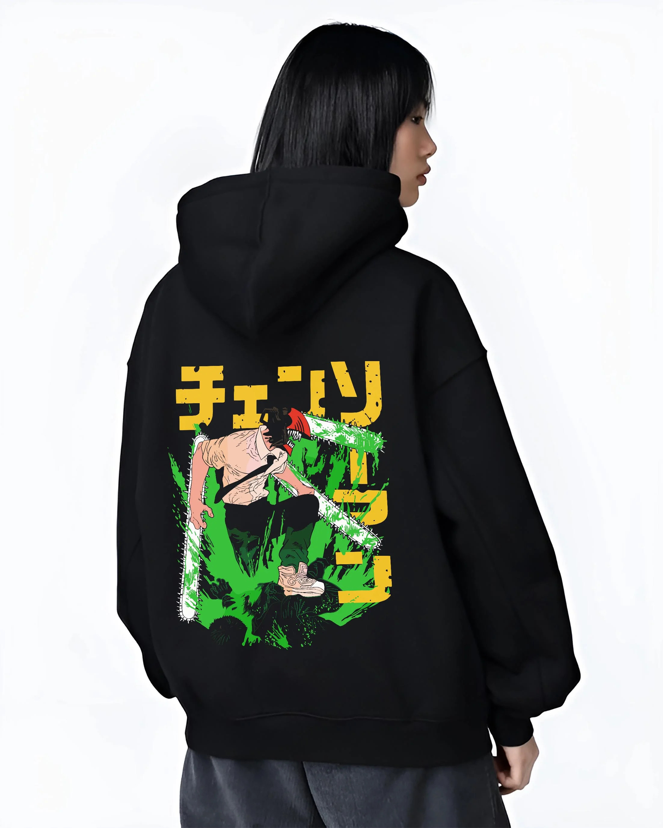 Black hoodie worn by female model, back view with Denji Chainsaw Man Hoodie Devil Hunter Fierce Strike graphic premium wear.