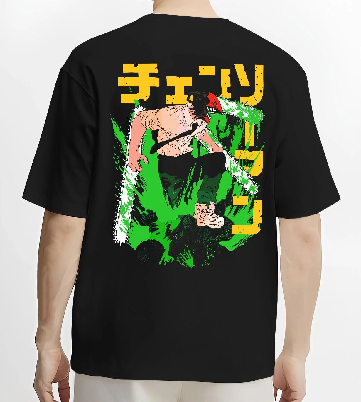 Black T-shirt worn by male model, back view with Denji Chainsaw Man Hoodie Devil Hunter Fierce Strike graphic premium wear.