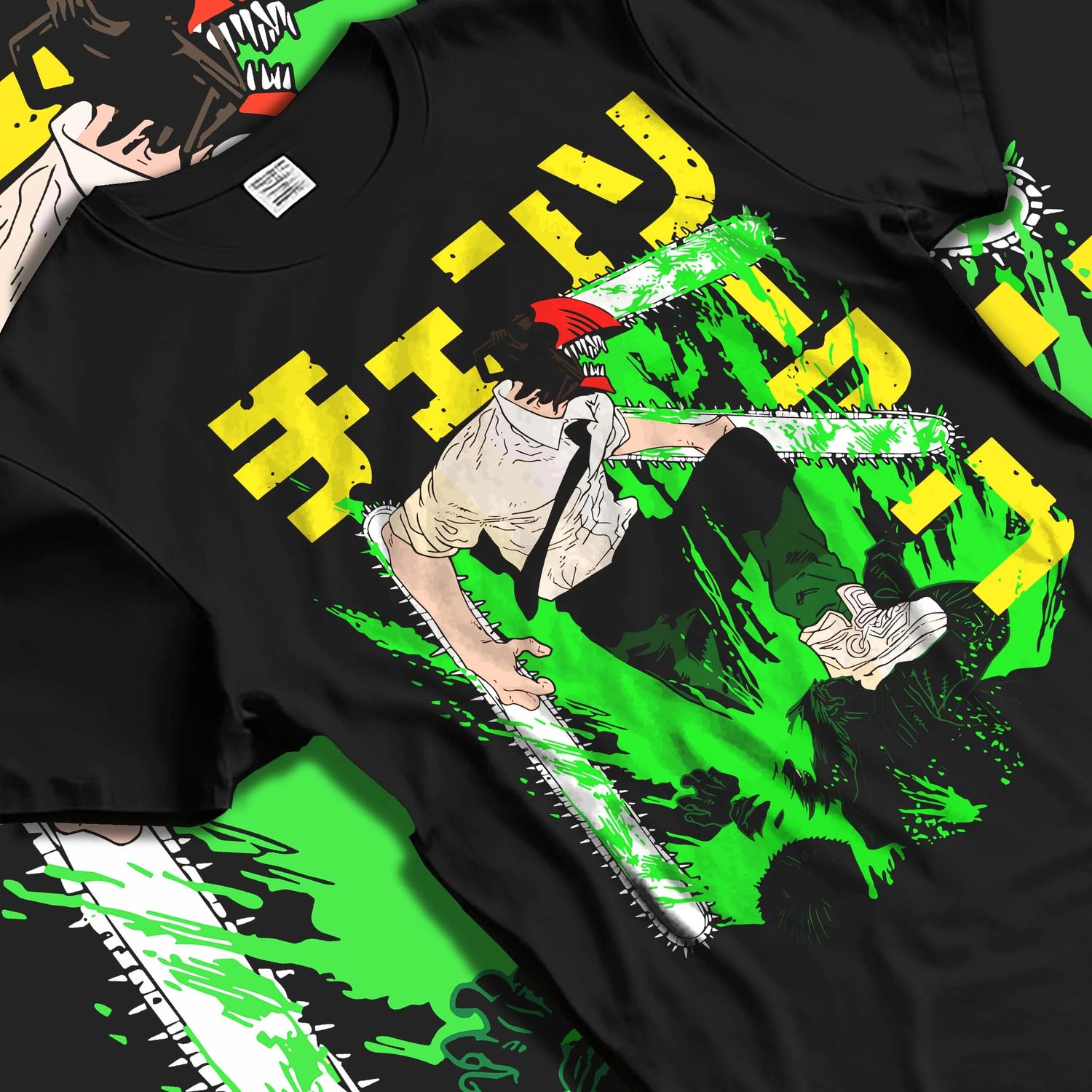 Black T-shirt laid flat with natural folds with Denji Chainsaw Man Hoodie Devil Hunter Fierce Strike graphic streetwear graphic.