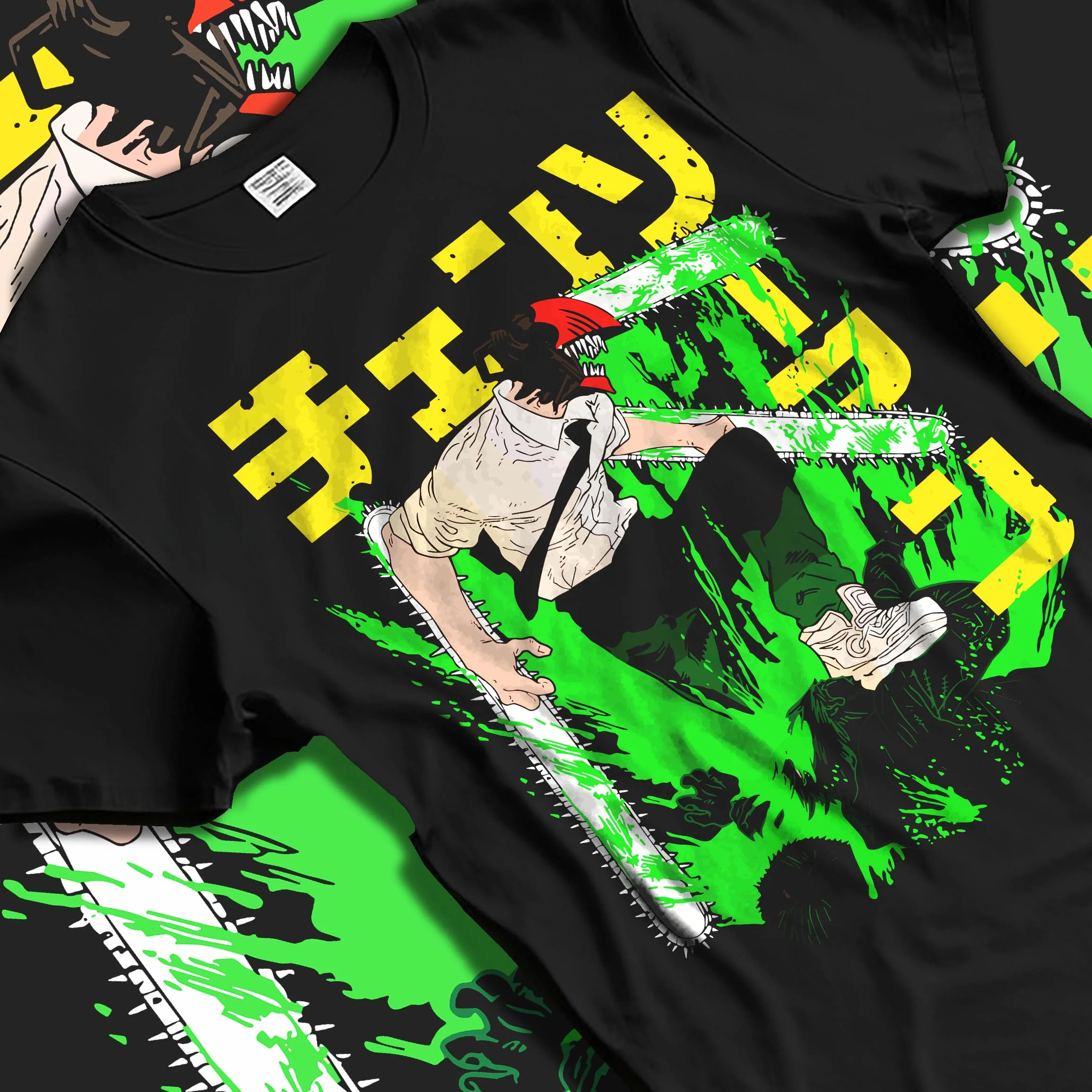 Black T-shirt laid flat with natural folds with Denji Chainsaw Man Hoodie Devil Hunter Fierce Strike graphic streetwear graphic.