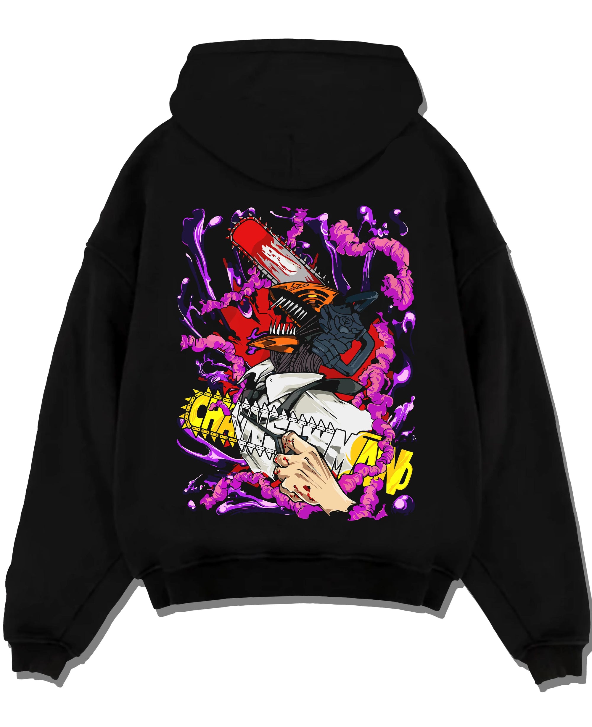 Black pullover hoodie laid flat with Chainsaw Man Hoodie Denji Devil Hunter Red Chains graphic premium wear.