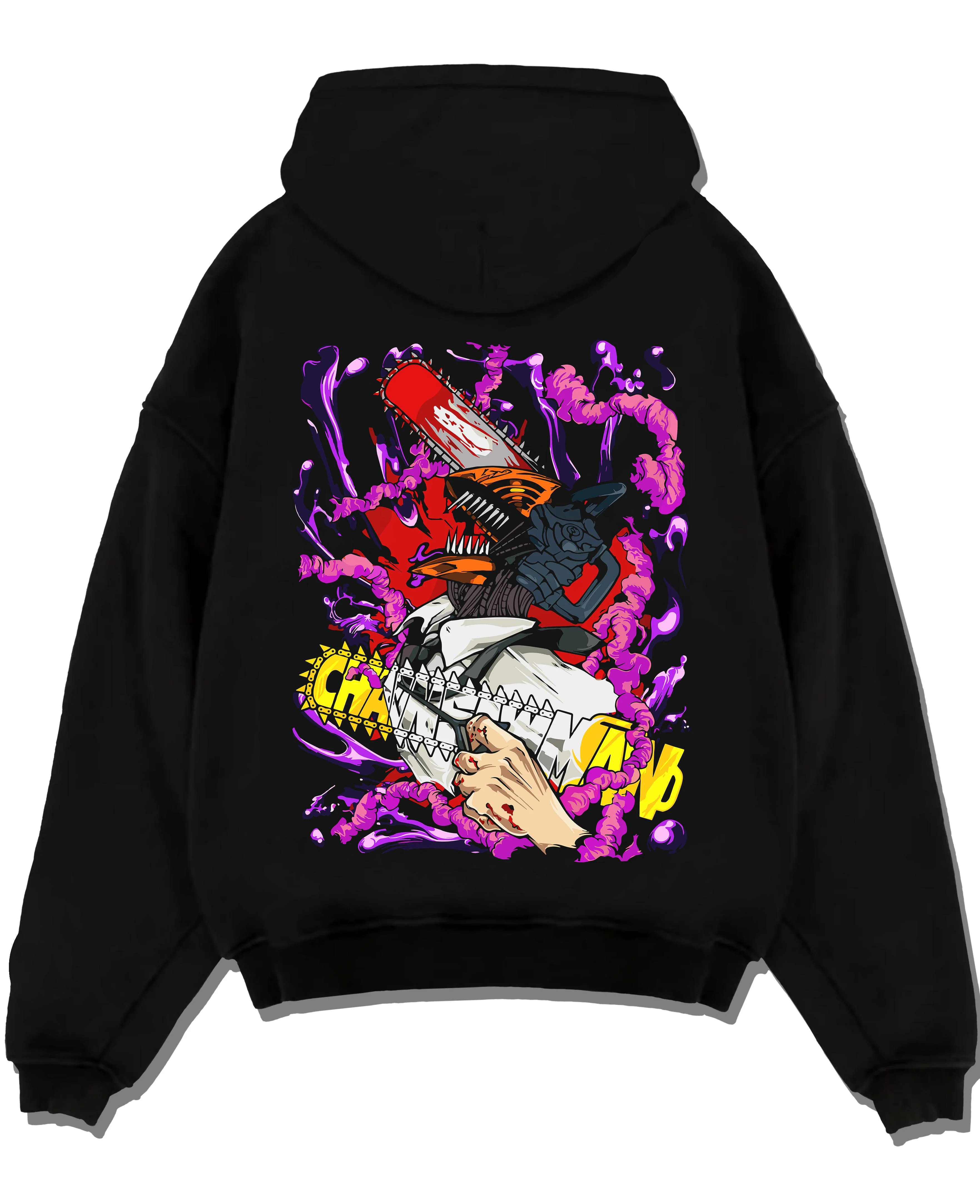 Black pullover hoodie laid flat with Chainsaw Man Hoodie Denji Devil Hunter Red Chains graphic premium wear.