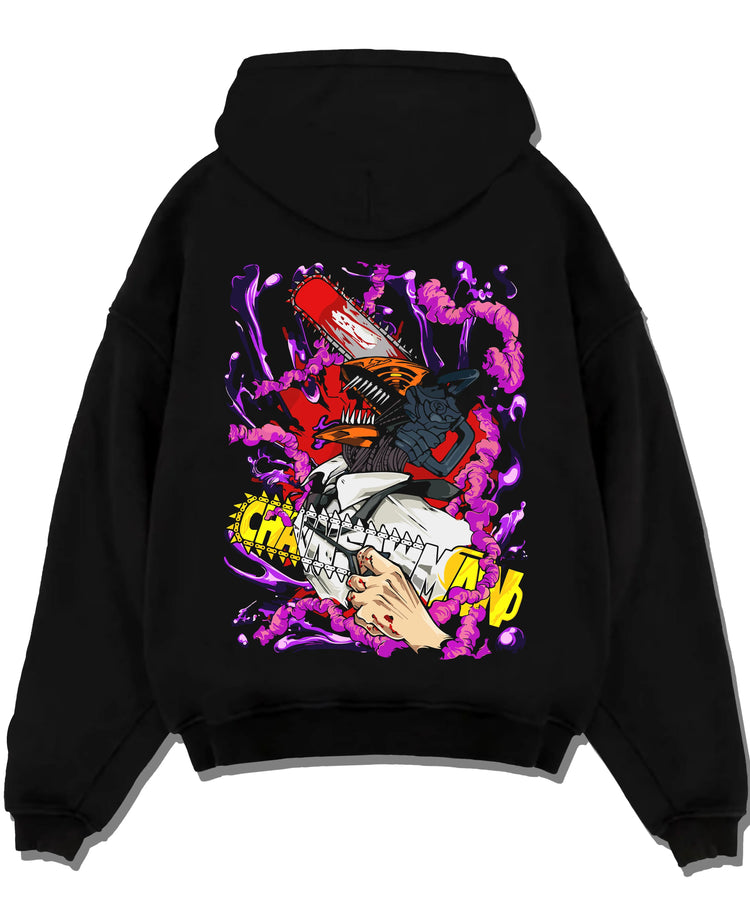 Black pullover hoodie laid flat with Chainsaw Man Hoodie Denji Devil Hunter Red Chains graphic premium wear.