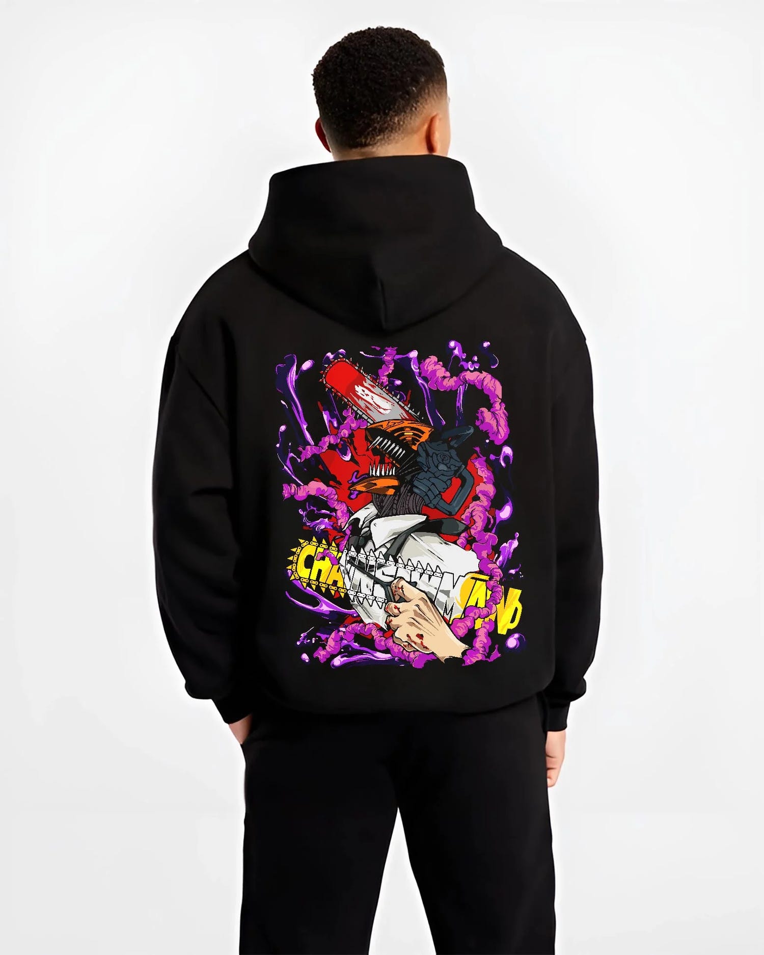 Black hoodie worn by male model, back view with Chainsaw Man Hoodie Denji Devil Hunter Red Chains graphic Denji anime design.