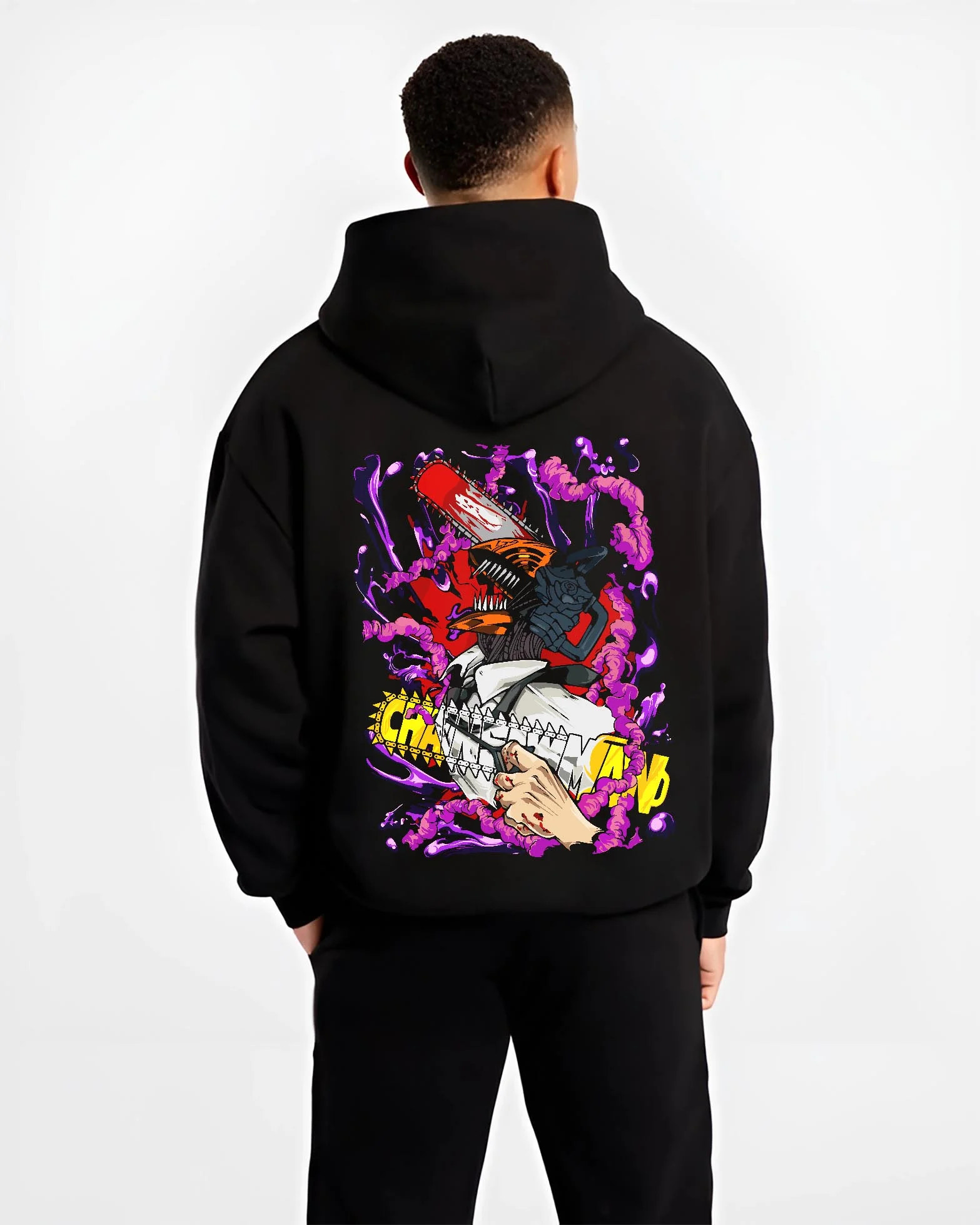 Black hoodie worn by male model, back view with Chainsaw Man Hoodie Denji Devil Hunter Red Chains graphic Denji anime design.