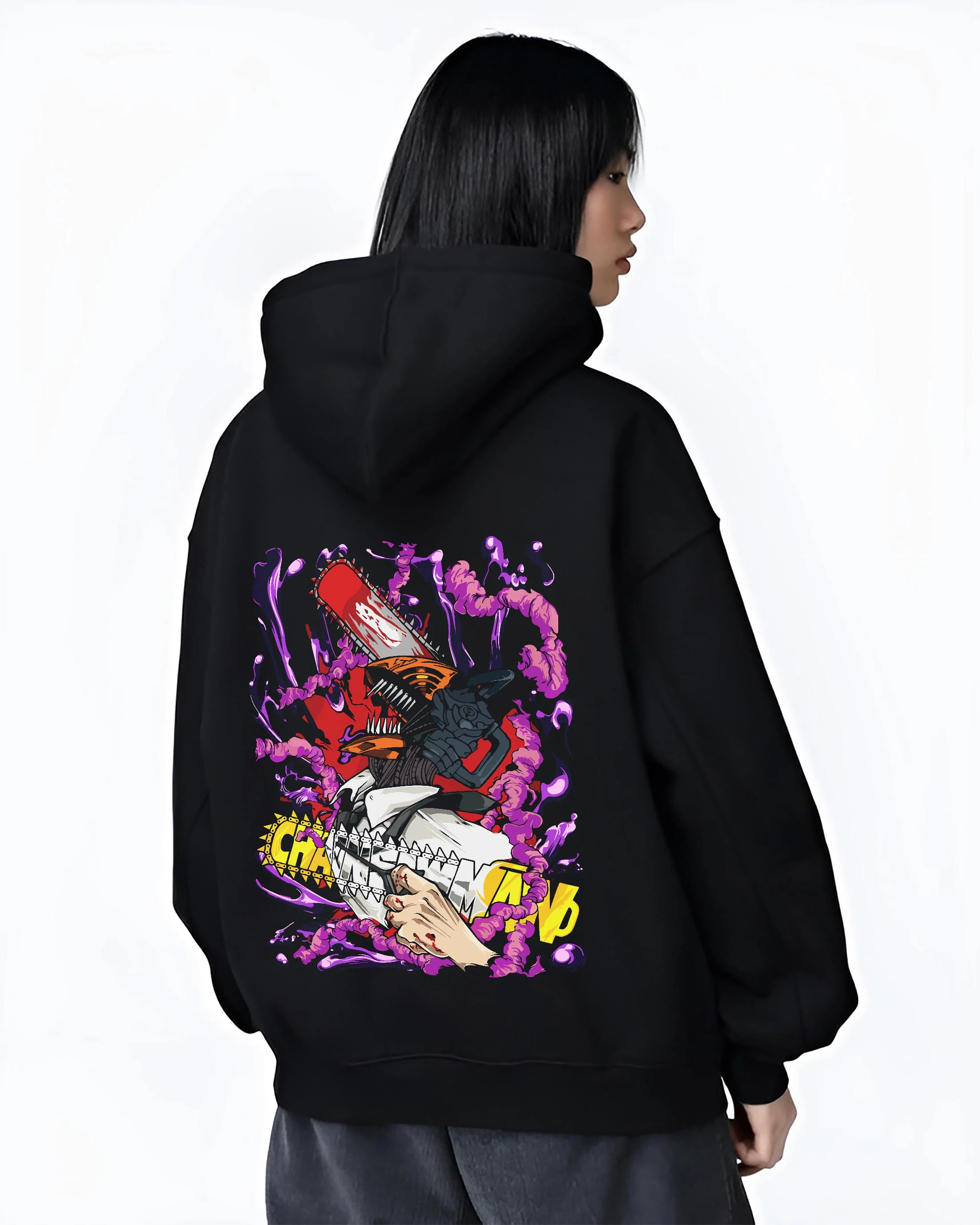 Black hoodie worn by female model, back view with Chainsaw Man Hoodie Denji Devil Hunter Red Chains graphic premium wear.