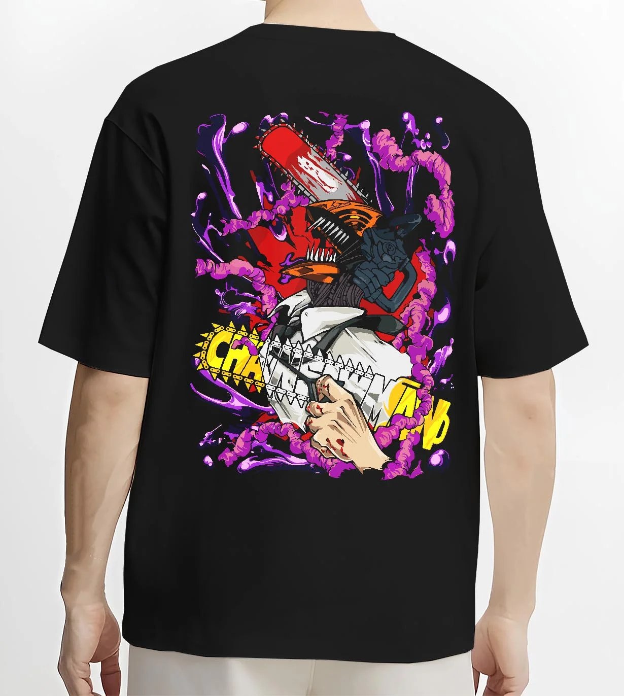 Black T-shirt worn by male model, back view with Chainsaw Man Hoodie Denji Devil Hunter Red Chains graphic premium wear.