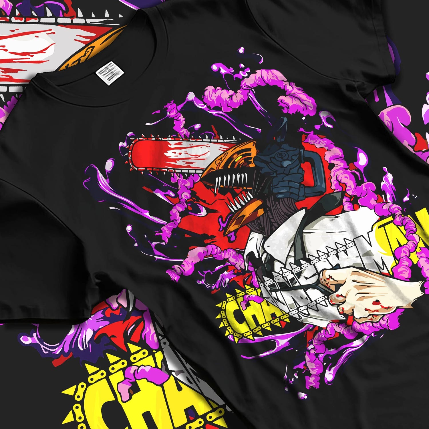 Black T-shirt laid flat with natural folds with Chainsaw Man Hoodie Denji Devil Hunter Red Chains graphic Denji anime design.