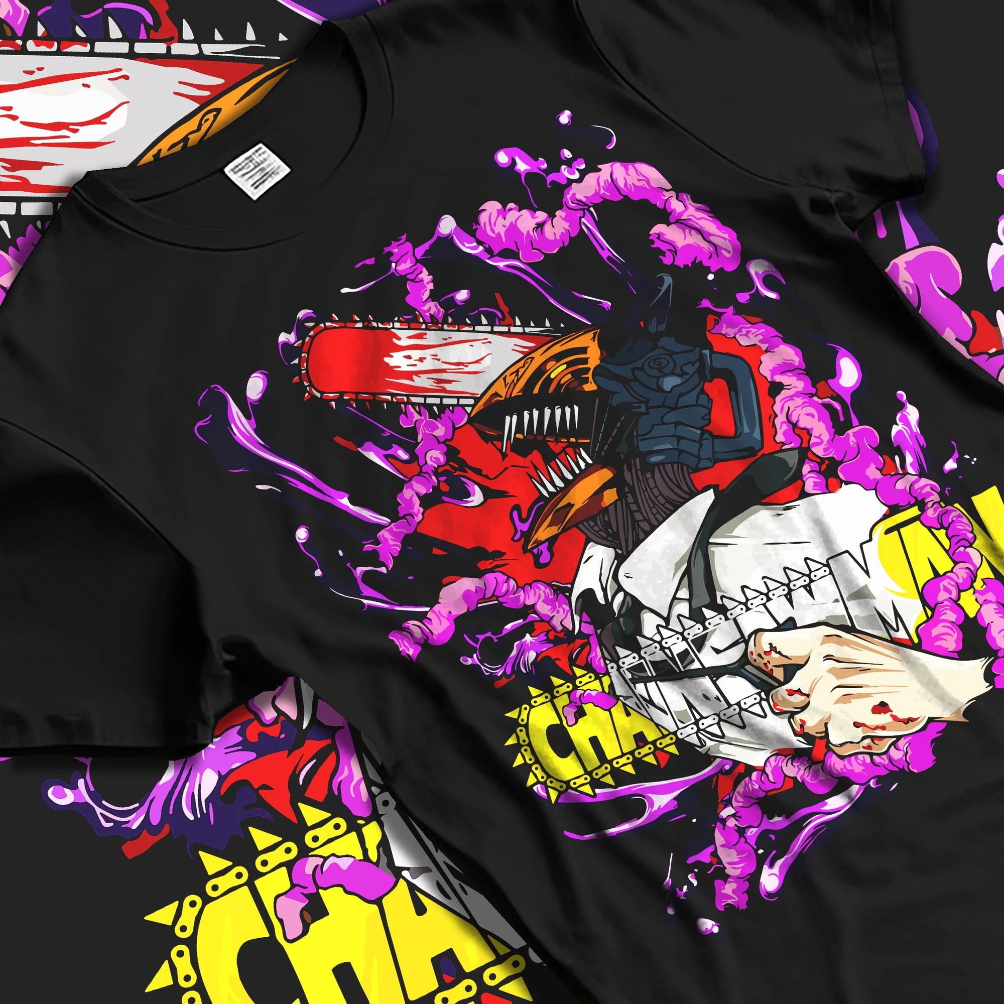 Black T-shirt laid flat with natural folds with Chainsaw Man Hoodie Denji Devil Hunter Red Chains graphic Denji anime design.