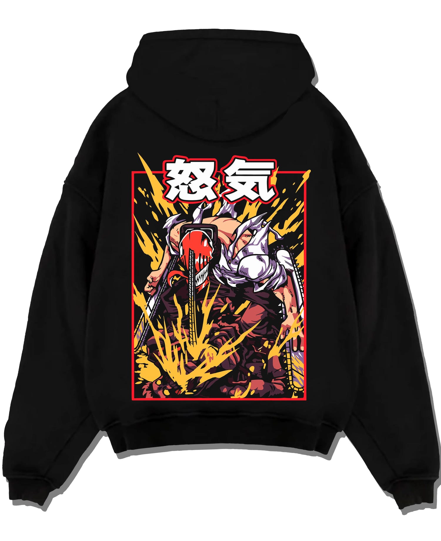 Black pullover hoodie laid flat with Chainsaw Man Hoodie Denji Devil Hunter Rage Flames graphic premium wear.