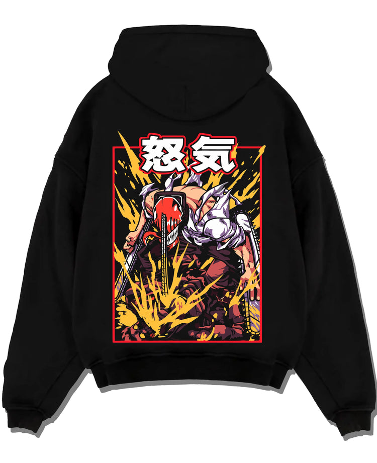 Black pullover hoodie laid flat with Chainsaw Man Hoodie Denji Devil Hunter Rage Flames graphic premium wear.
