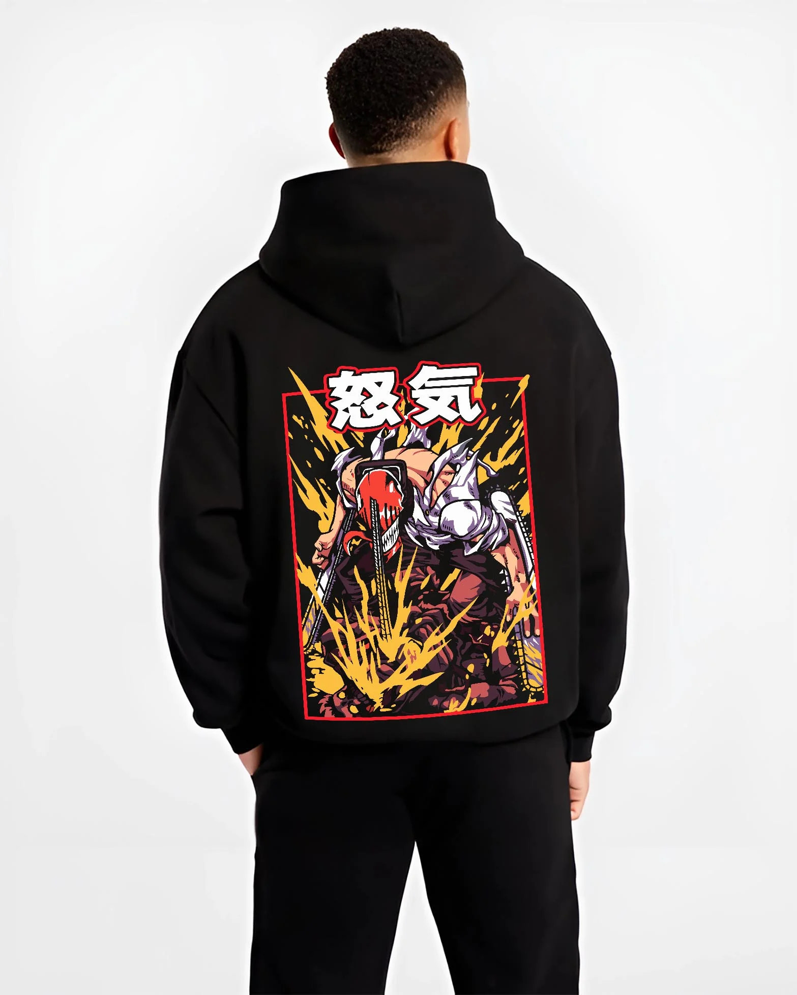 Black hoodie worn by male model, back view with Chainsaw Man Hoodie Denji Devil Hunter Rage Flames graphic premium wear.