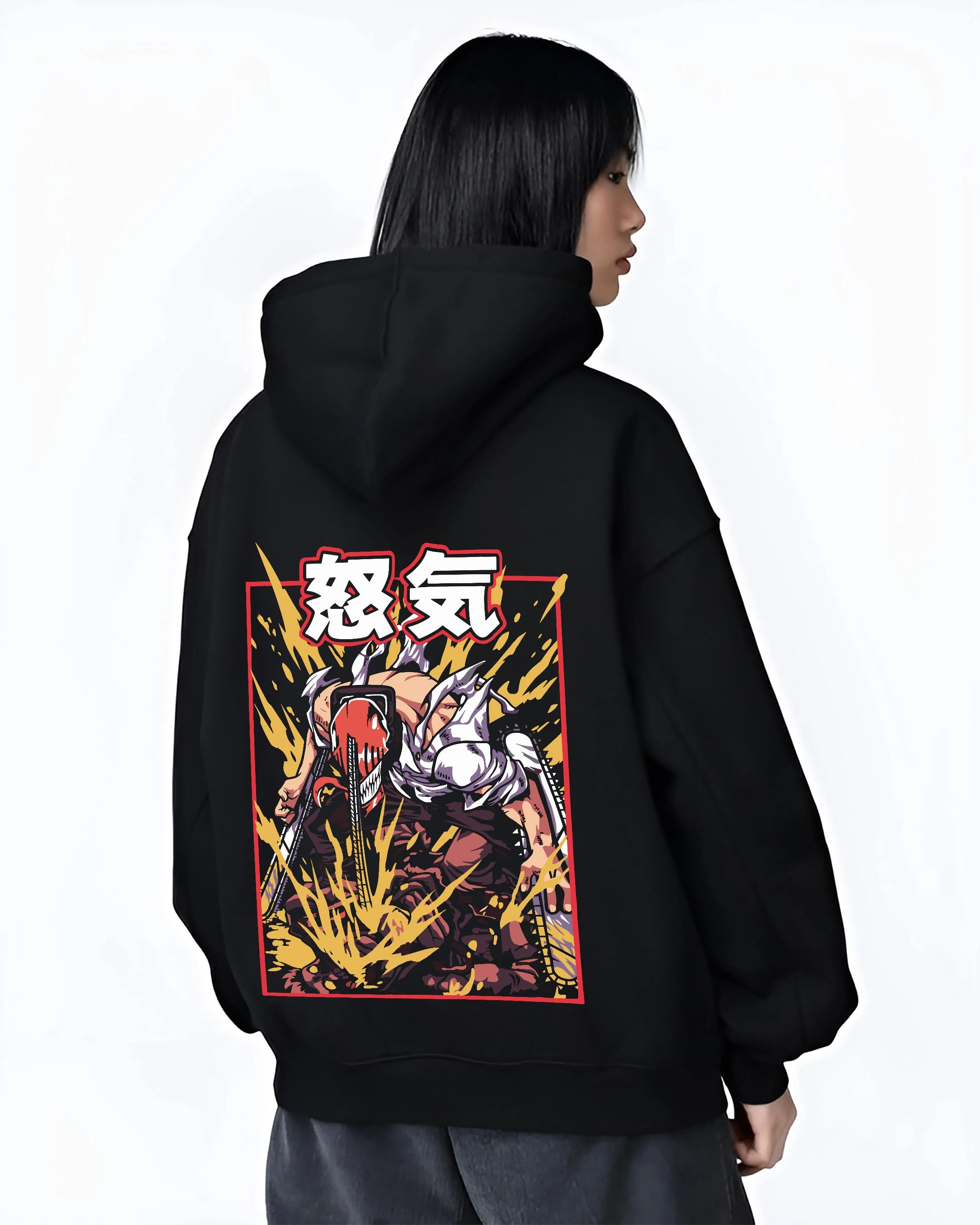 Black hoodie worn by female model, back view with Chainsaw Man Hoodie Denji Devil Hunter Rage Flames graphic bold anime graphic.