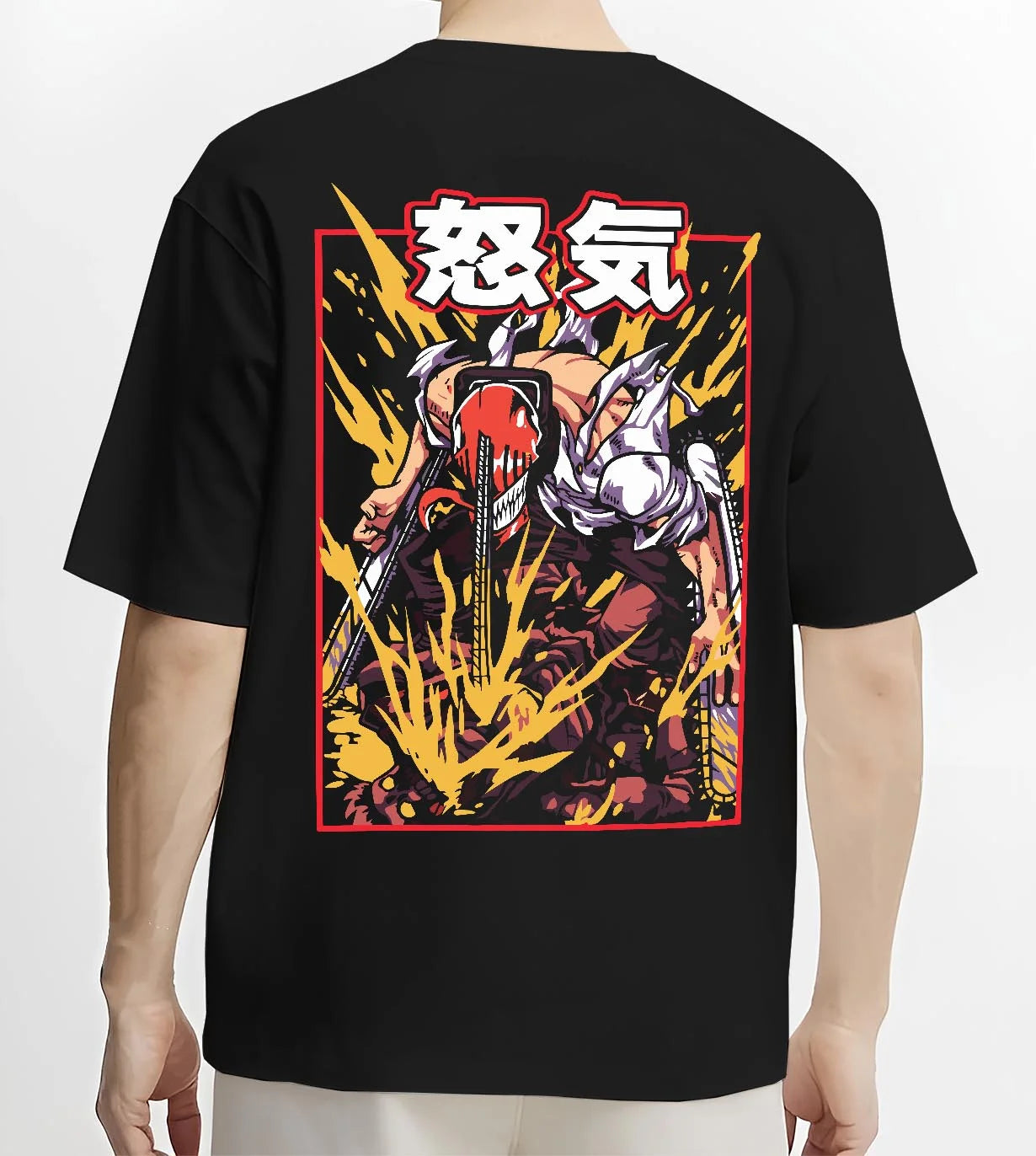 Black T-shirt worn by male model, back view with Chainsaw Man Hoodie Denji Devil Hunter Rage Flames graphic streetwear graphic.