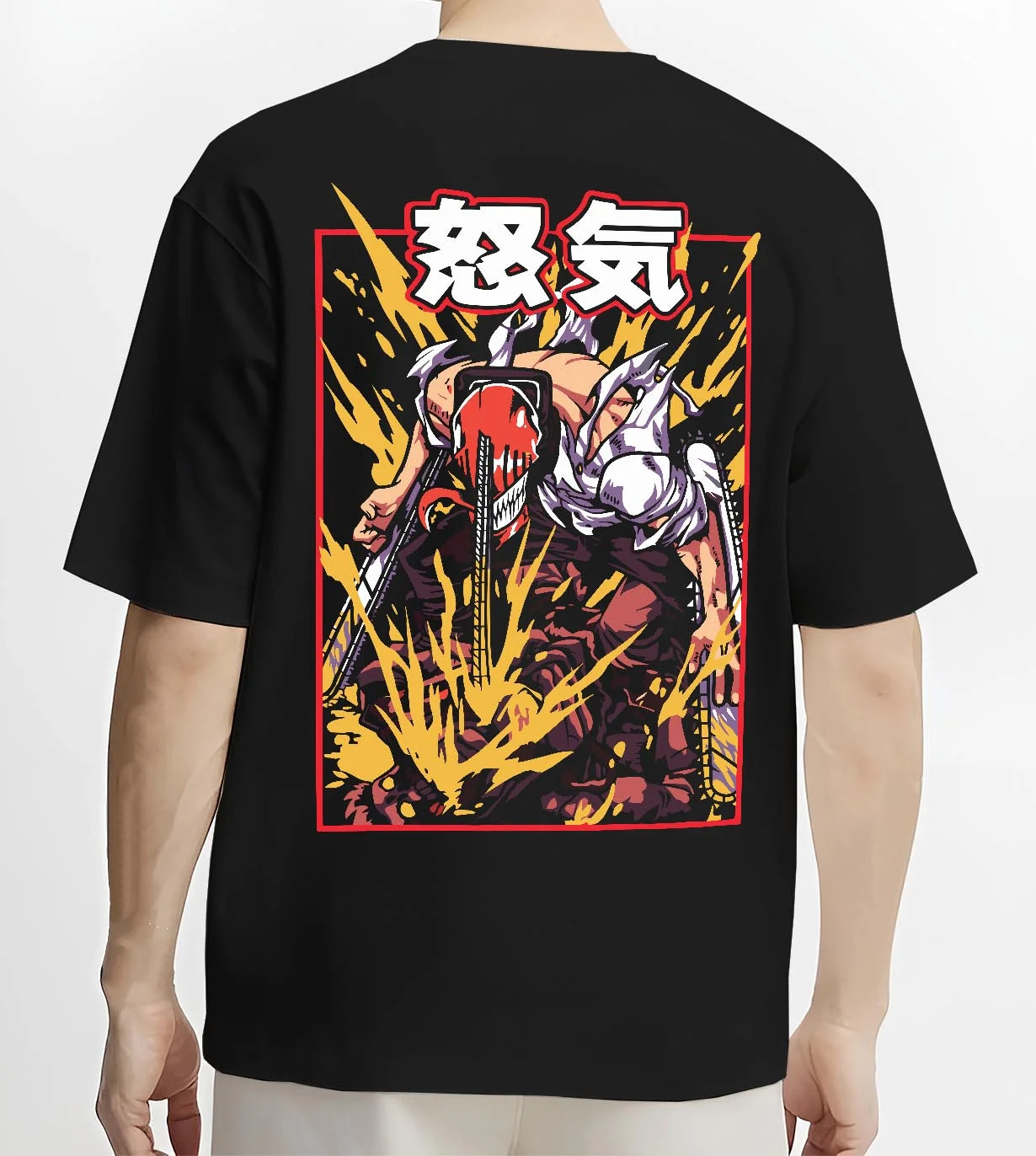 Black T-shirt worn by male model, back view with Chainsaw Man Hoodie Denji Devil Hunter Rage Flames graphic streetwear graphic.