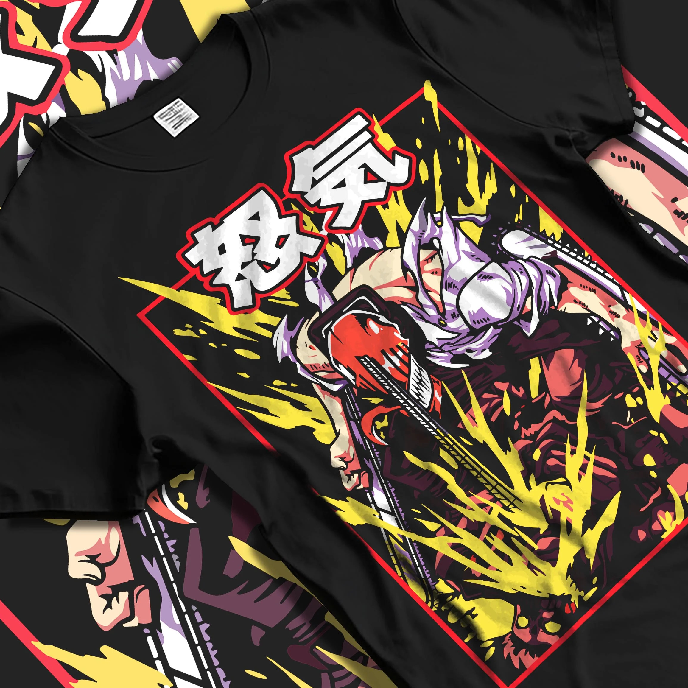 Black T-shirt laid flat with natural folds with Chainsaw Man Hoodie Denji Devil Hunter Rage Flames graphic Denji anime design.