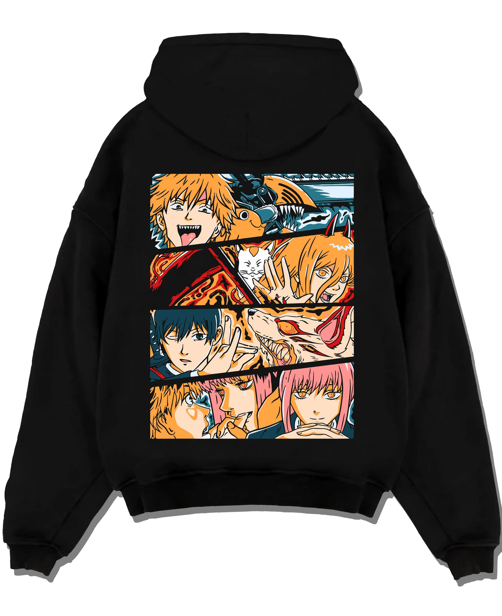Black pullover hoodie laid flat with Chainsaw Man Hoodie Power and Denji Squad Scene graphic premium wear.