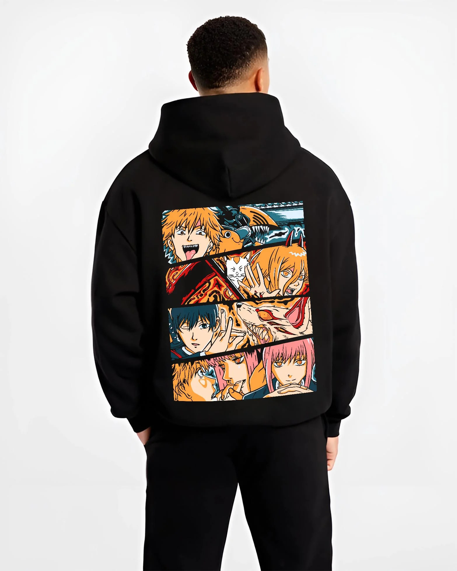 Black hoodie worn by male model, back view with Chainsaw Man Hoodie Power and Denji Squad Scene graphic bold anime graphic.