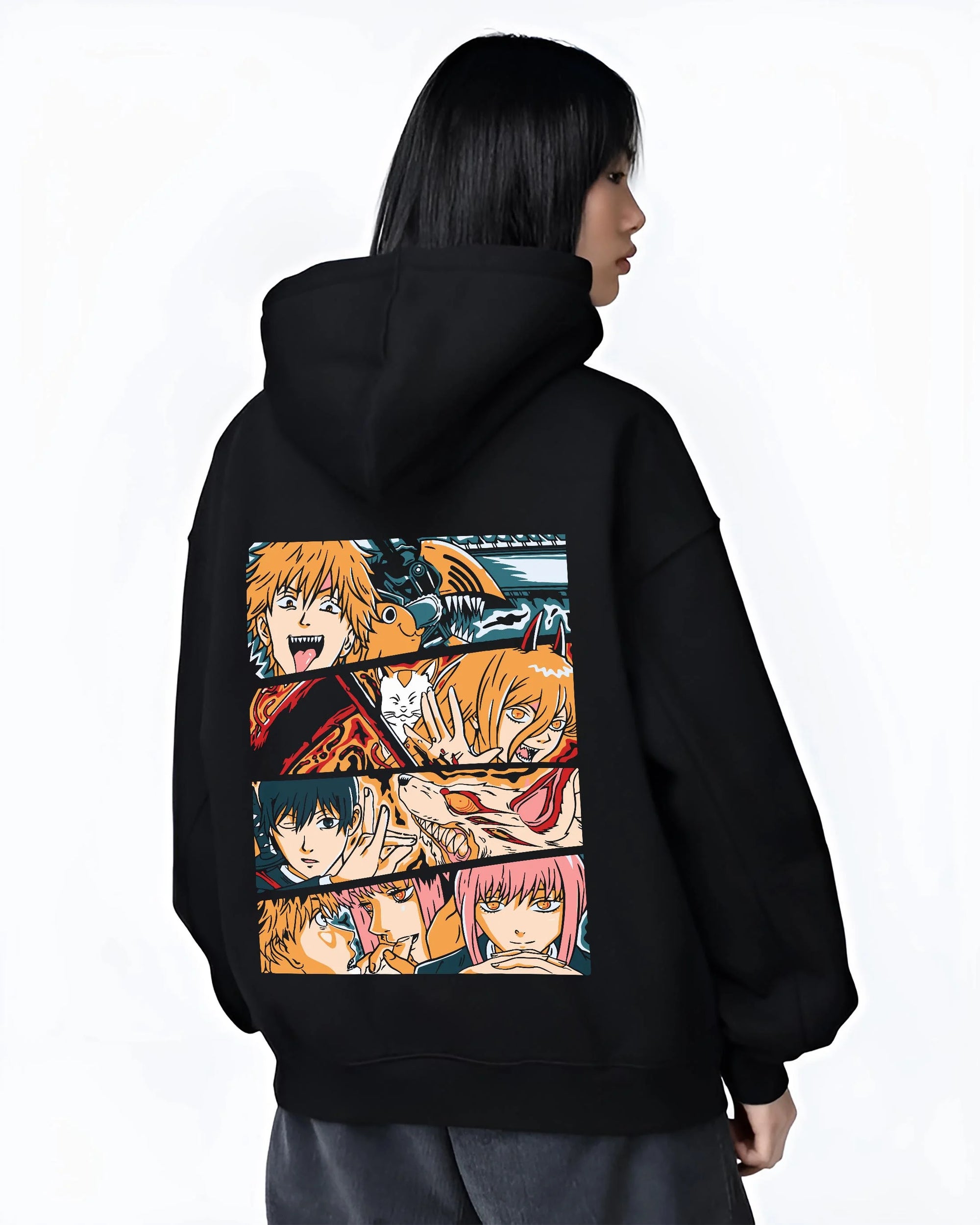 Black hoodie worn by female model, back view with Chainsaw Man Hoodie Power and Denji Squad Scene graphic premium wear.