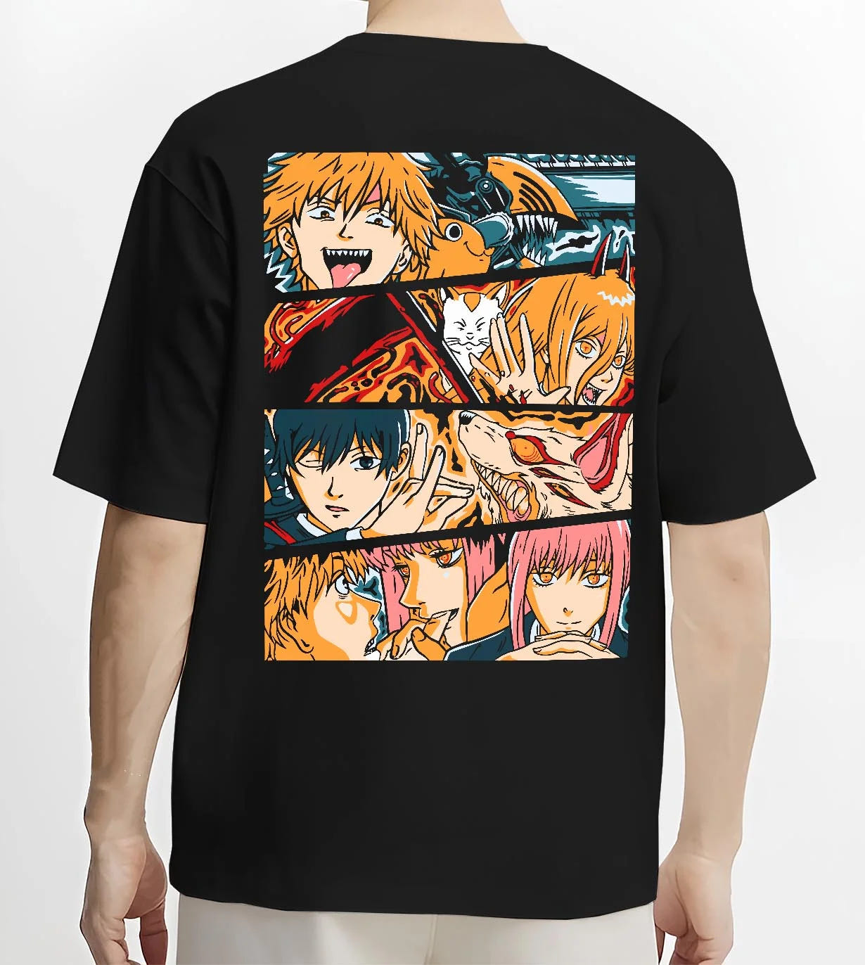 Black T-shirt worn by male model, back view with Chainsaw Man Hoodie Power and Denji Squad Scene graphic premium wear.