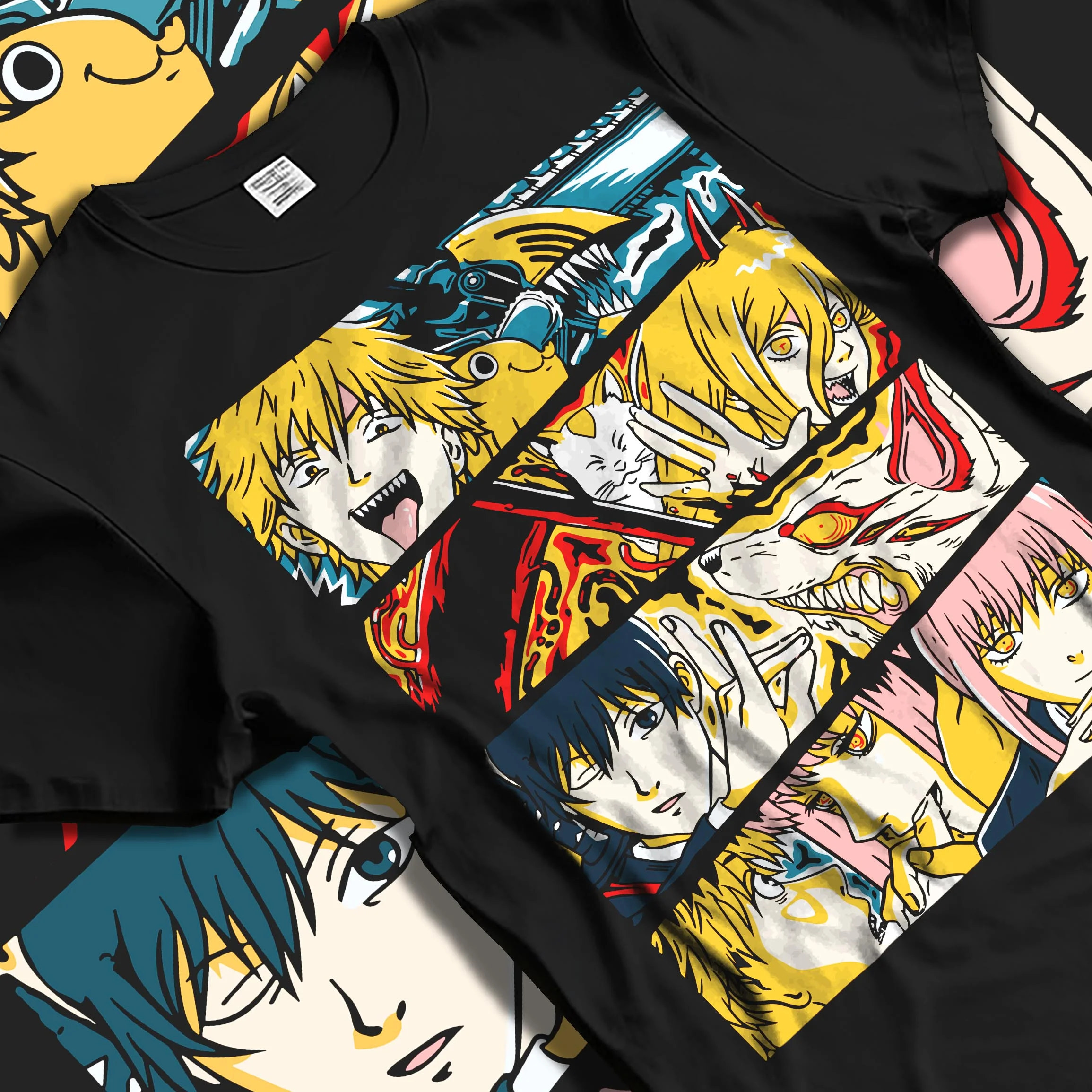 Black T-shirt laid flat with natural folds with Chainsaw Man Hoodie Power and Denji Squad Scene graphic bold anime graphic.