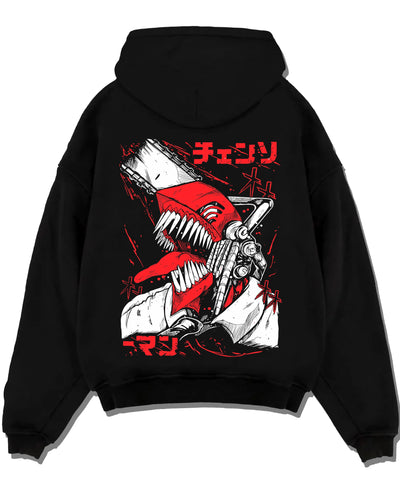 Black pullover hoodie laid flat with Chainsaw Man Hoodie Denji Devil Hunter Red Panel graphic streetwear graphic.