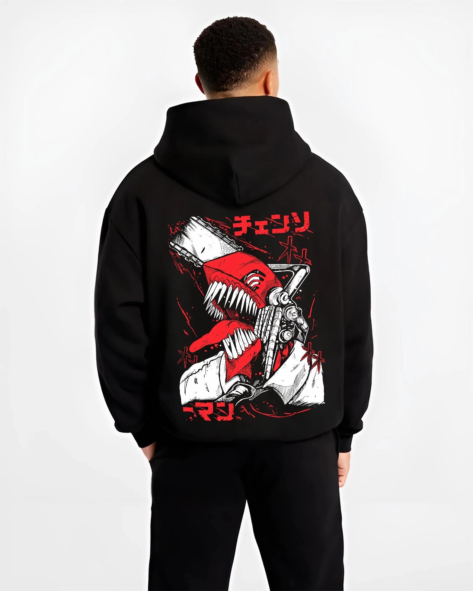 Black hoodie worn by male model, back view with Chainsaw Man Hoodie Denji Devil Hunter Red Panel graphic streetwear graphic.