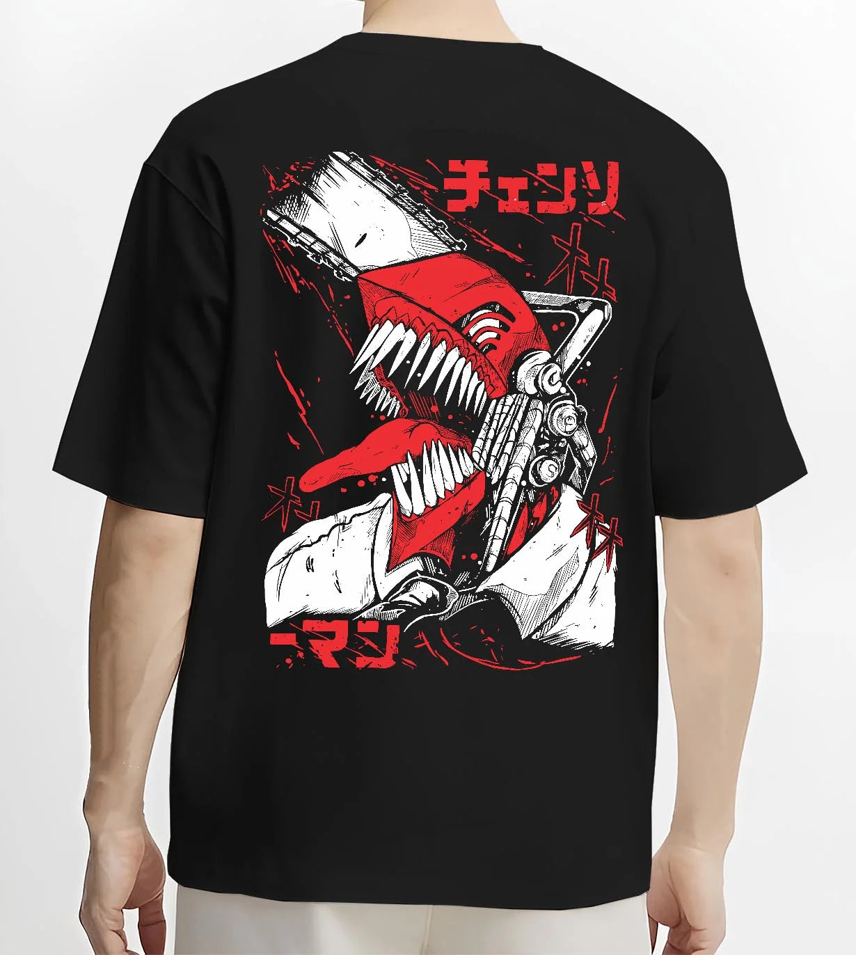 Black T-shirt worn by male model, back view with Chainsaw Man Hoodie Denji Devil Hunter Red Panel graphic Denji anime design.