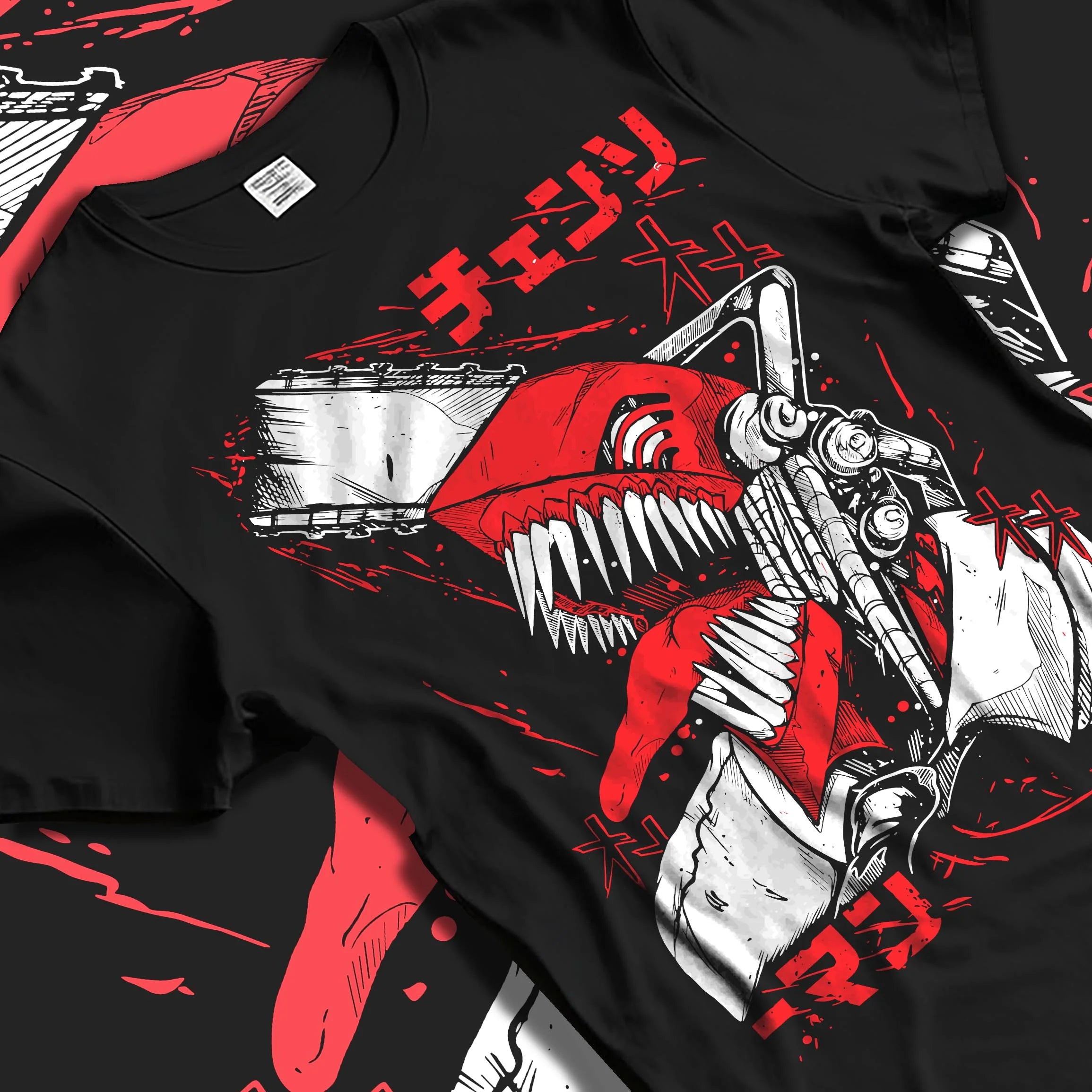 Black T-shirt laid flat with natural folds with Chainsaw Man Hoodie Denji Devil Hunter Red Panel graphic streetwear graphic.