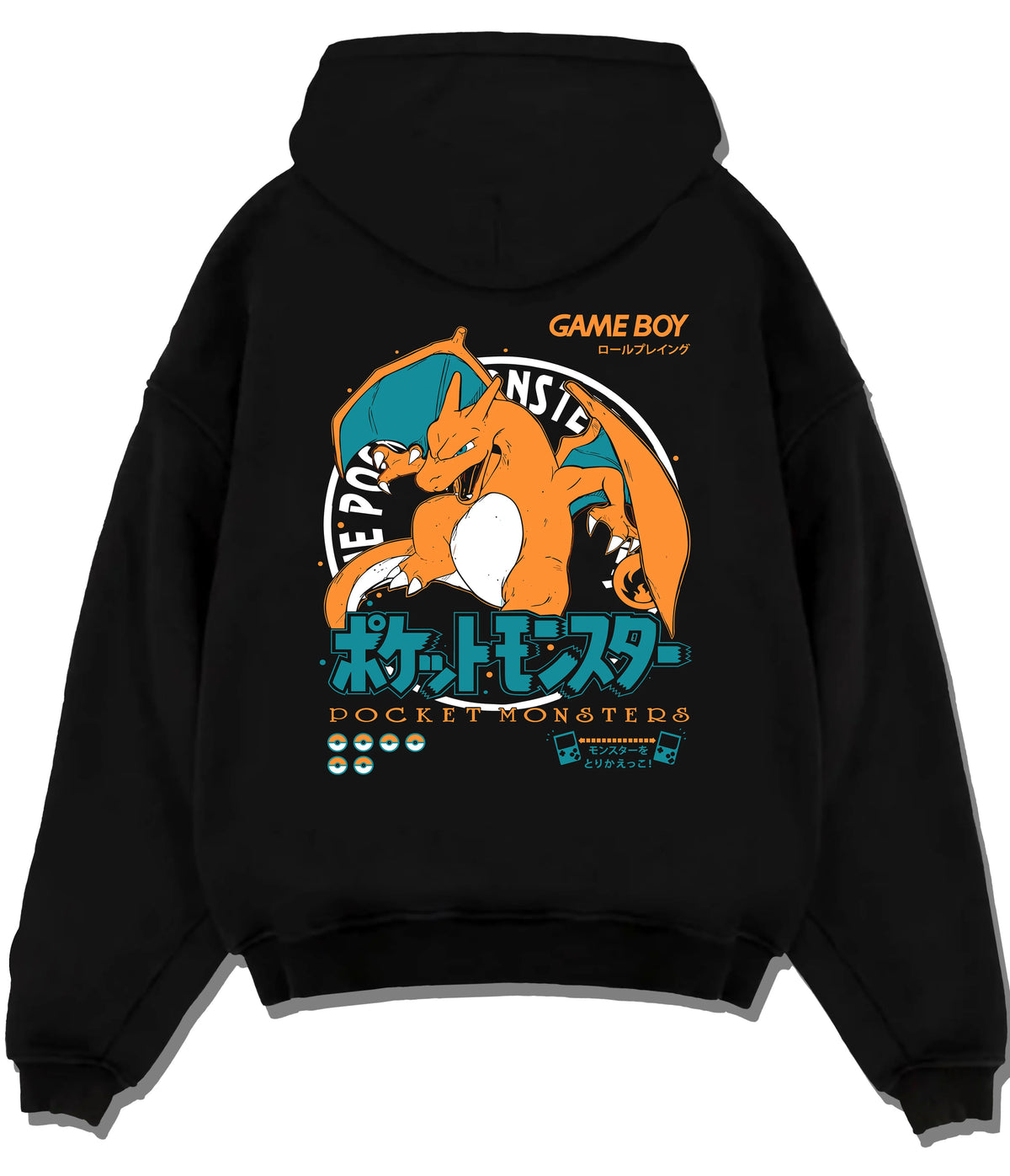 Black hoodie flat back view showing Charizard from Pokémon: Pocket Monsters and Game Boy illustration
