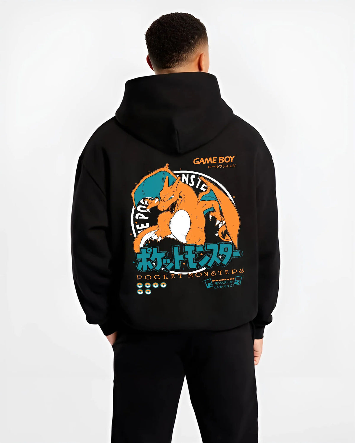 Black hoodie model back view showing Charizard from Pokémon: Pocket Monsters and Game Boy illustration