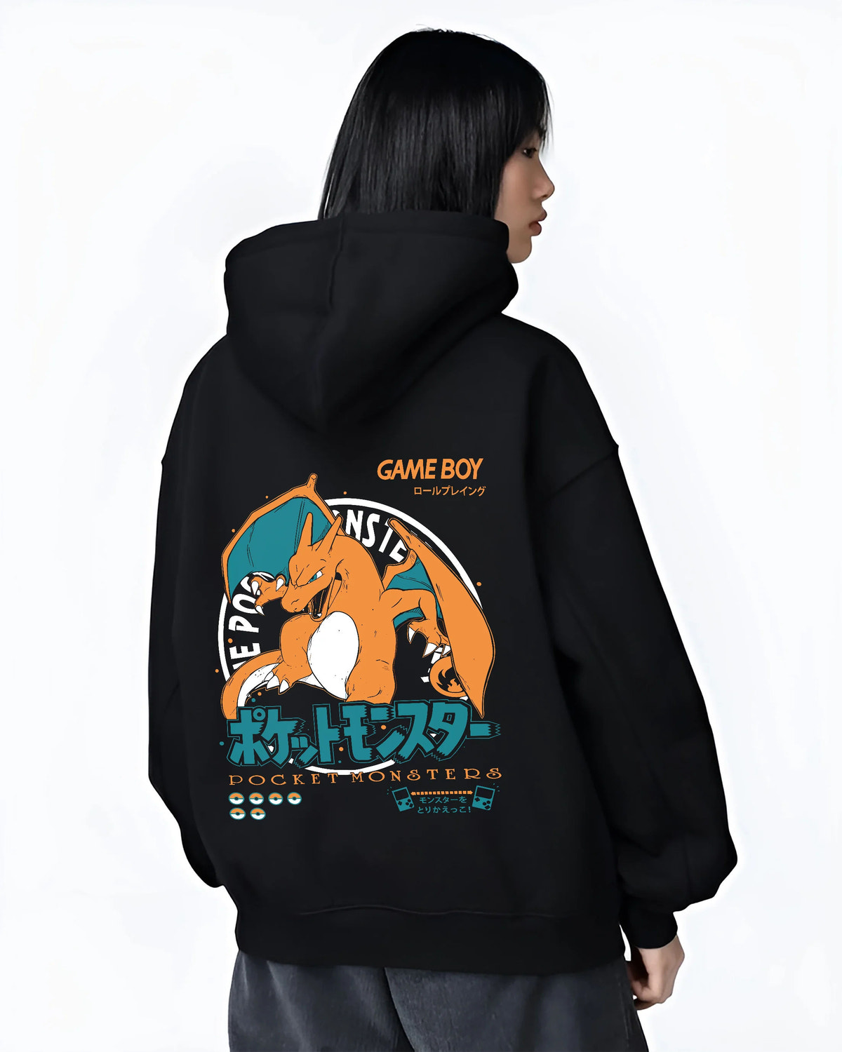 Black hoodie female model back view showing Charizard from Pokémon: Pocket Monsters and Game Boy illustration