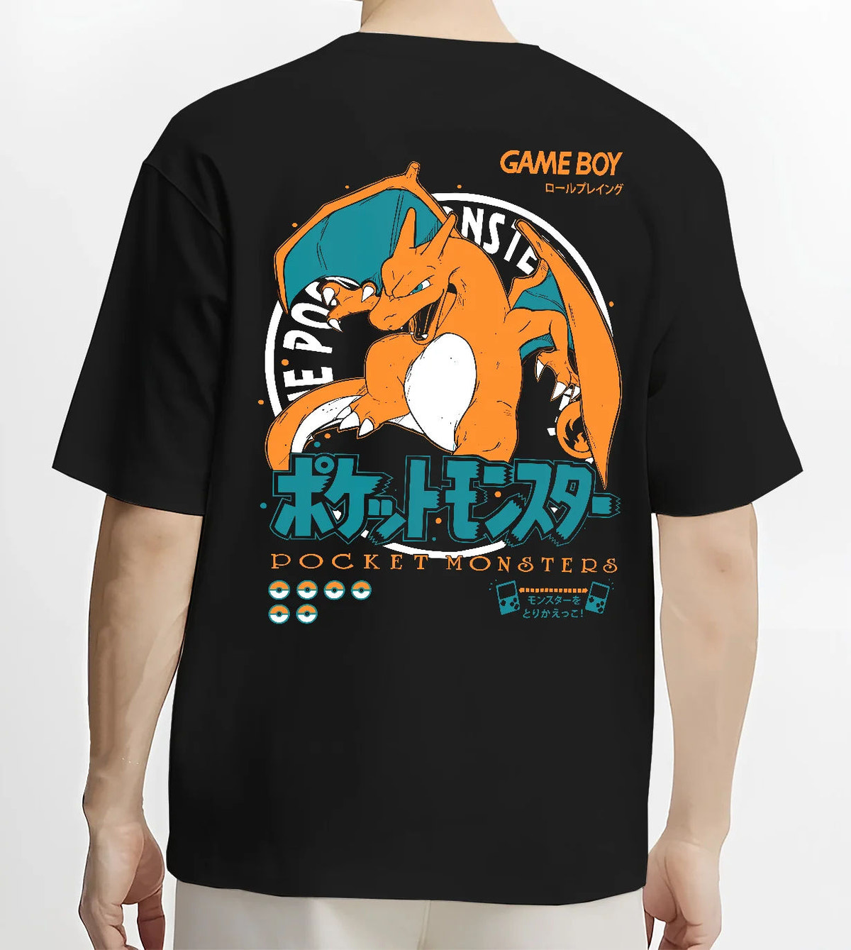 Black T-shirt model back view showing Charizard from Pokémon: Pocket Monsters and Game Boy illustration