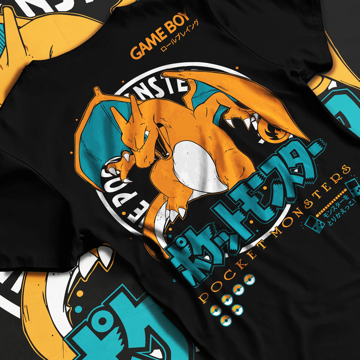 Black T-shirt flat back view showing Charizard from Pokémon: Pocket Monsters and Game Boy illustration