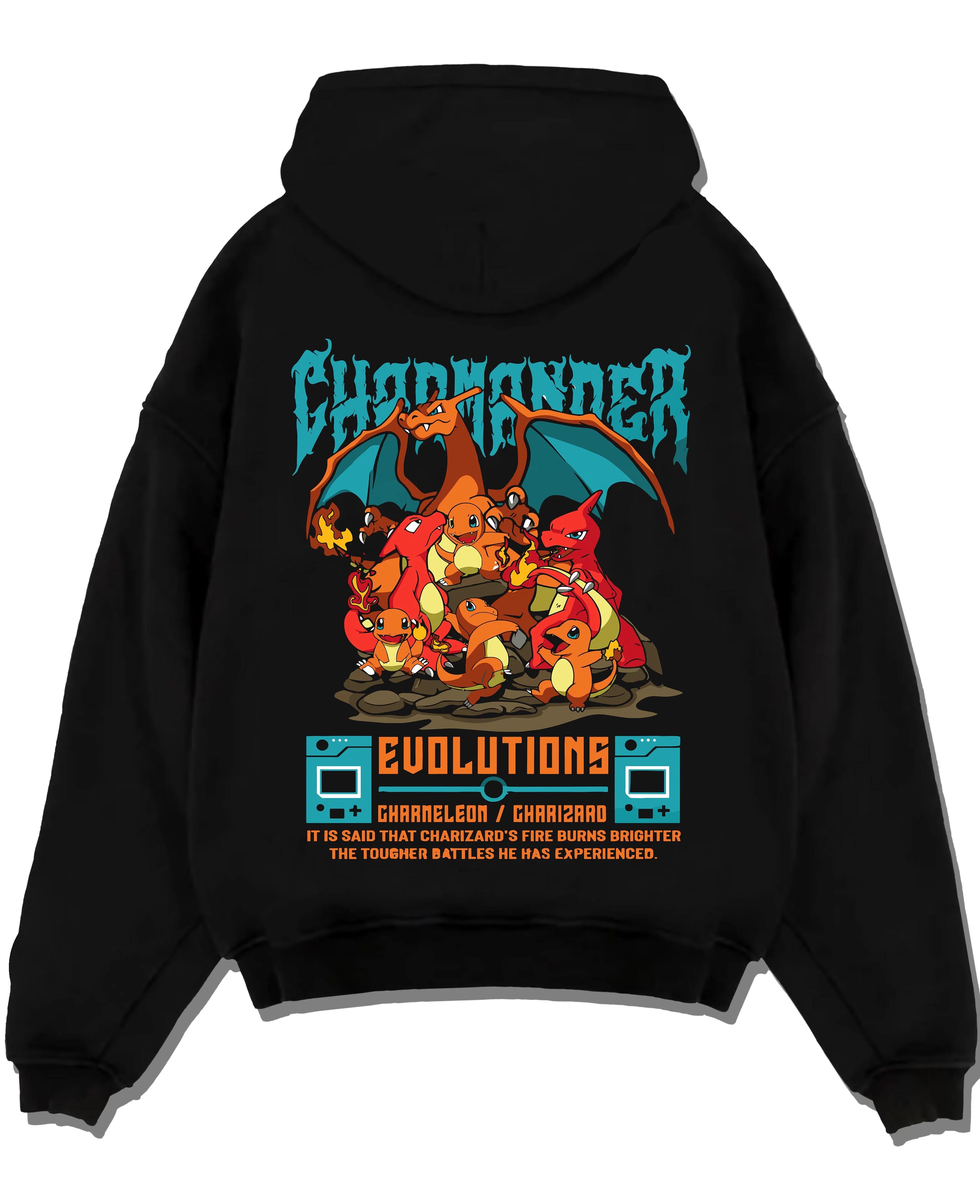 Black pullover hoodie laid flat with Charizard Hoodie Pokémon Evolutions Retro Flame Hero graphic bold anime graphic.