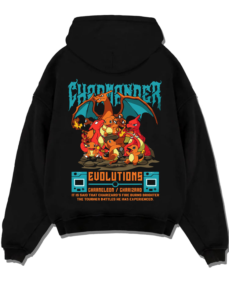 Black pullover hoodie laid flat with Charizard Hoodie Pokémon Evolutions Retro Flame Hero graphic bold anime graphic.