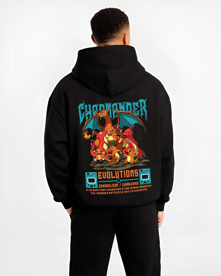 Black hoodie worn by male model, back view with Charizard Hoodie Pokémon Evolutions Retro Flame Hero graphic streetwear graphic.