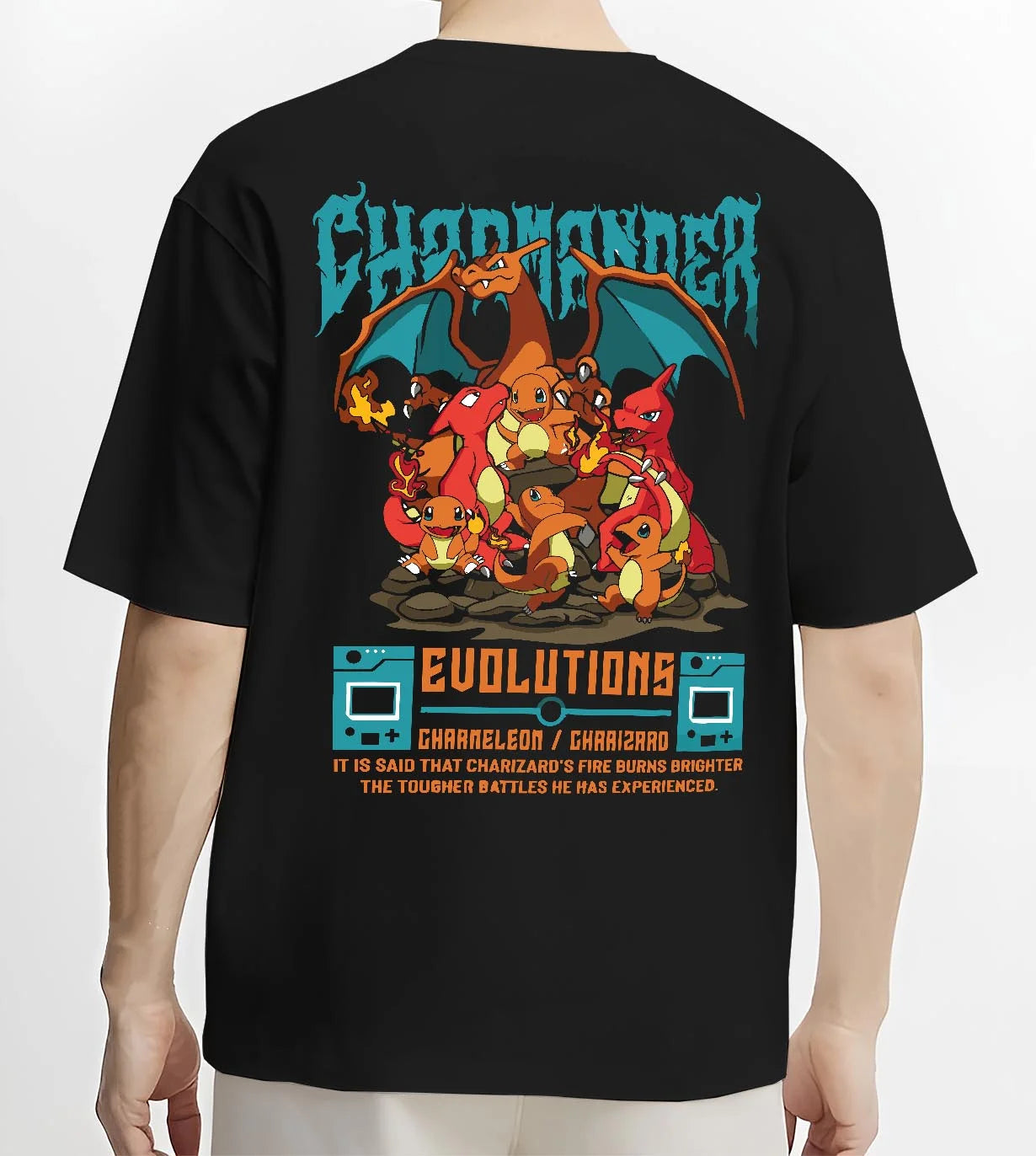 Black T-shirt worn by male model, back view with Charizard Hoodie Pokémon Evolutions Retro Flame Hero graphic premium wear.