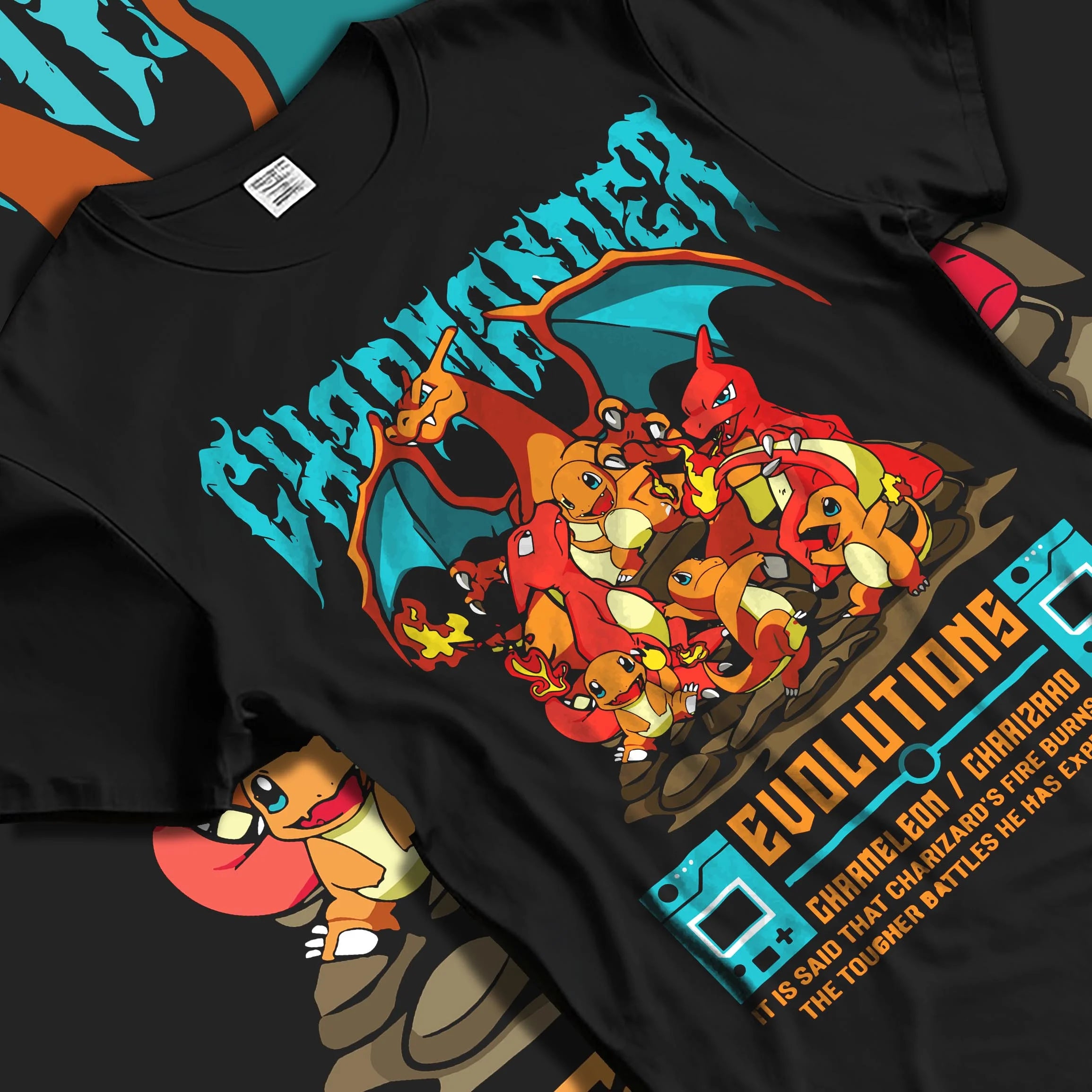 Black T-shirt laid flat with natural folds with Charizard Hoodie Pokémon Evolutions Retro Flame Hero graphic bold anime graphic.